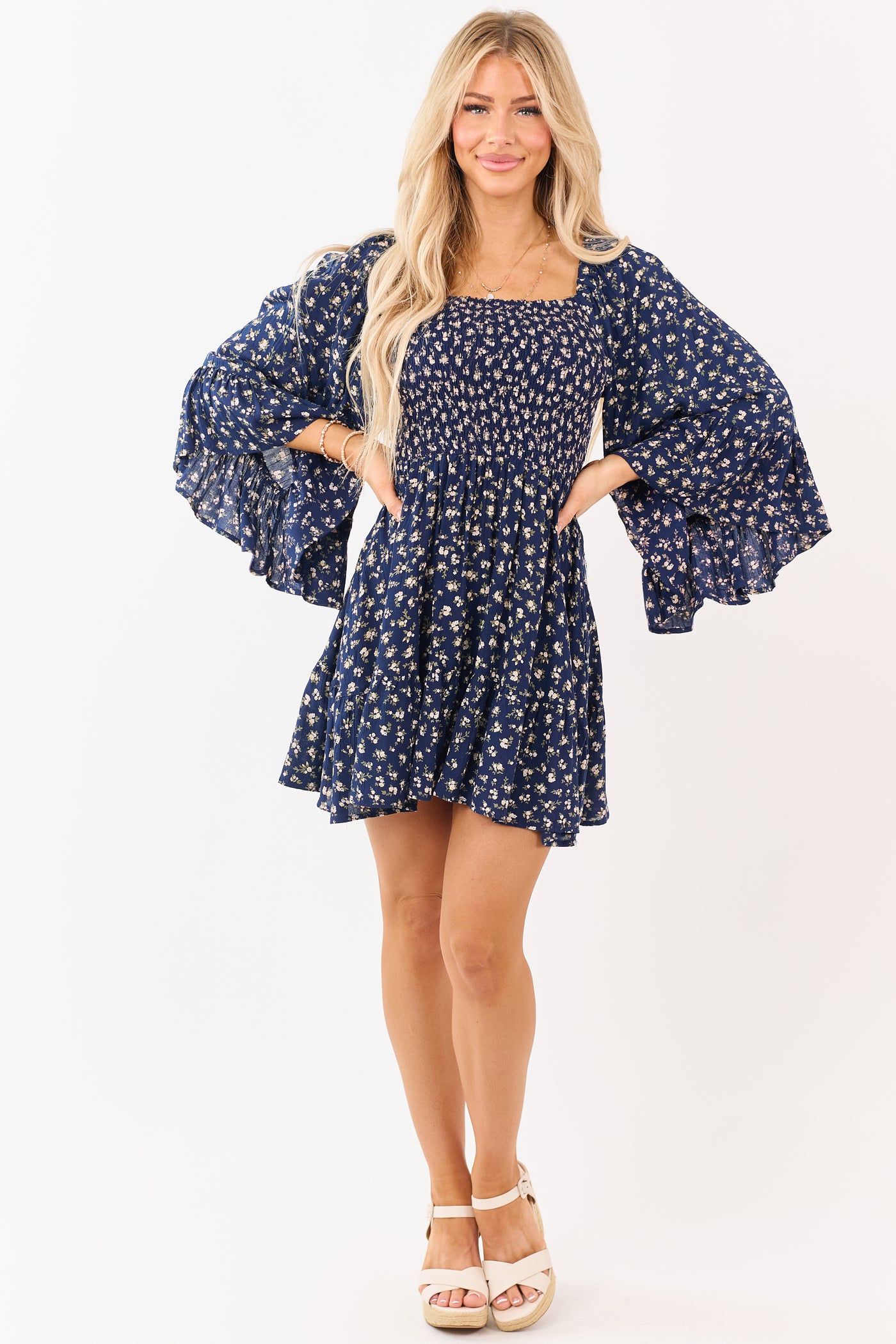 Navy Ditsy Floral Flutter Sleeve Smocked Mini Dress