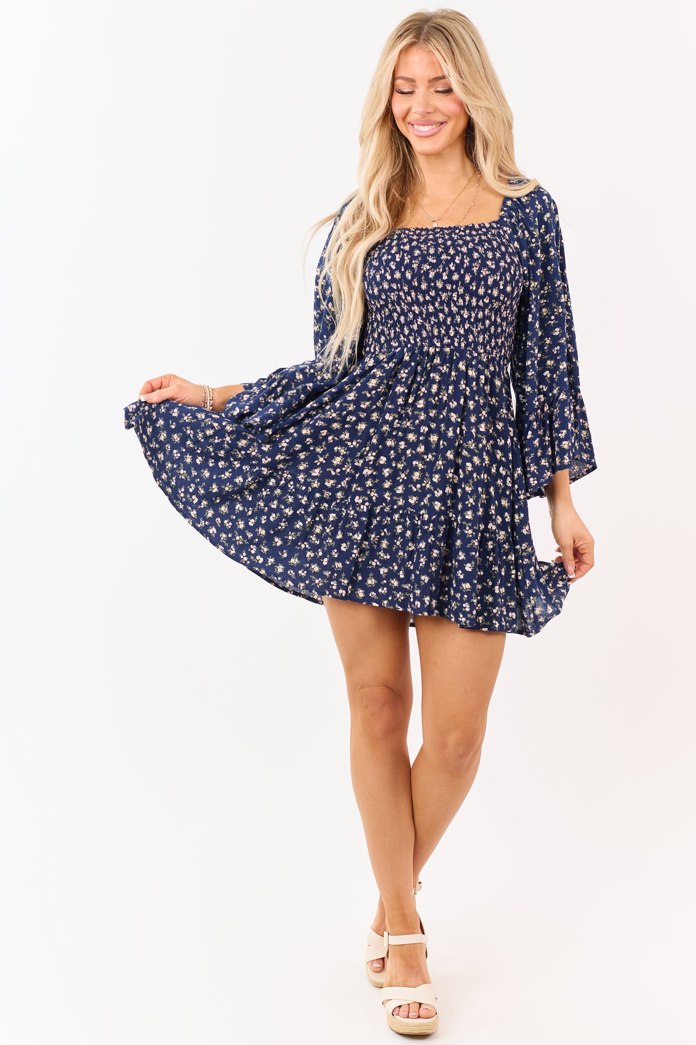 Navy Ditsy Floral Flutter Sleeve Smocked Mini Dress