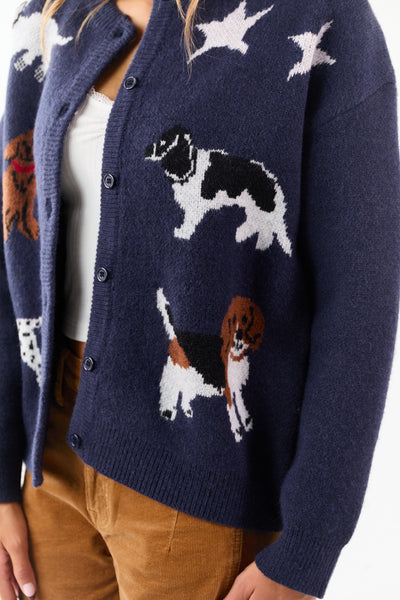 Navy Dog Graphic Knit Button Down Cardigan
