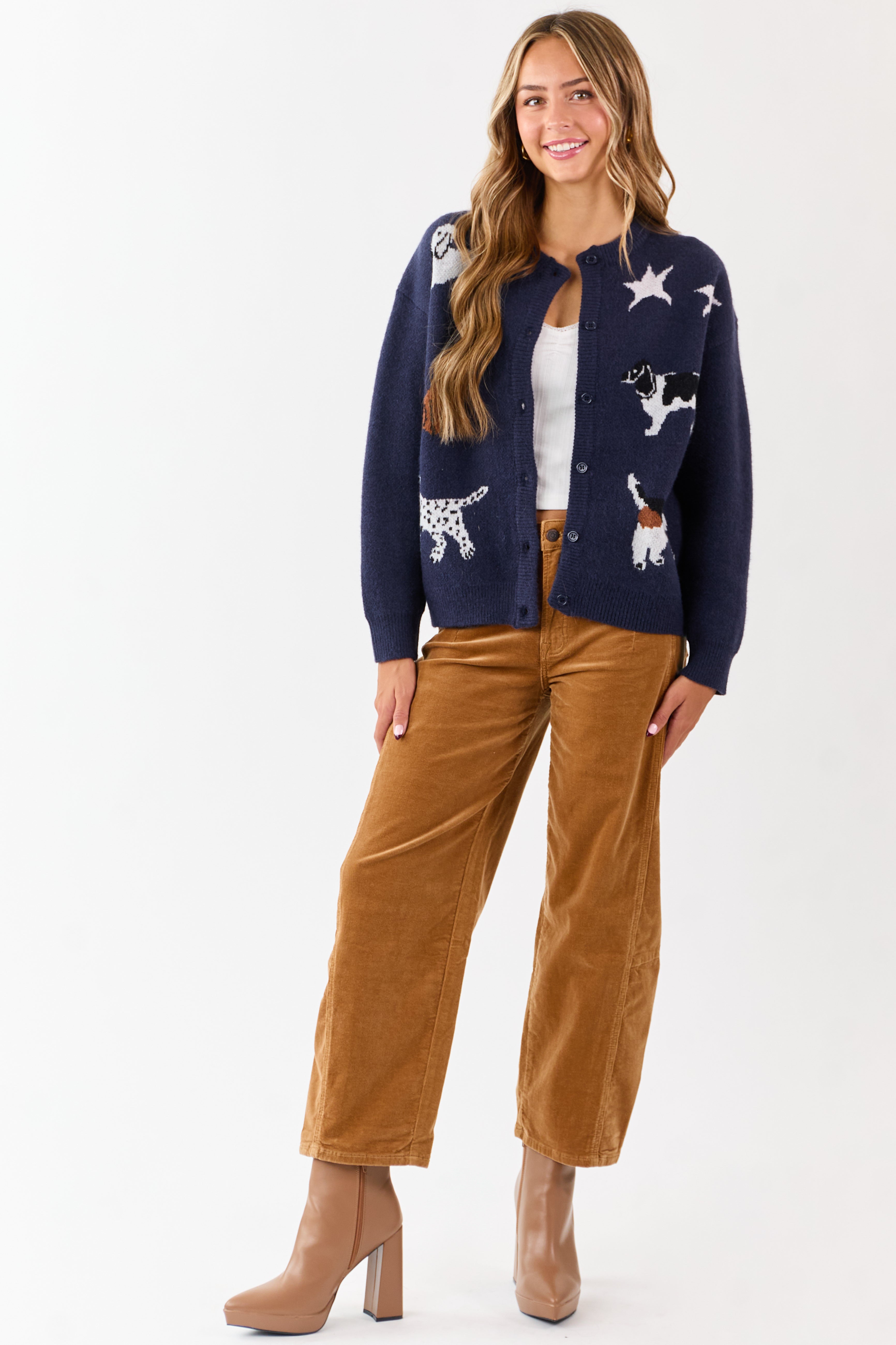 Navy Dog Graphic Knit Button Down Cardigan