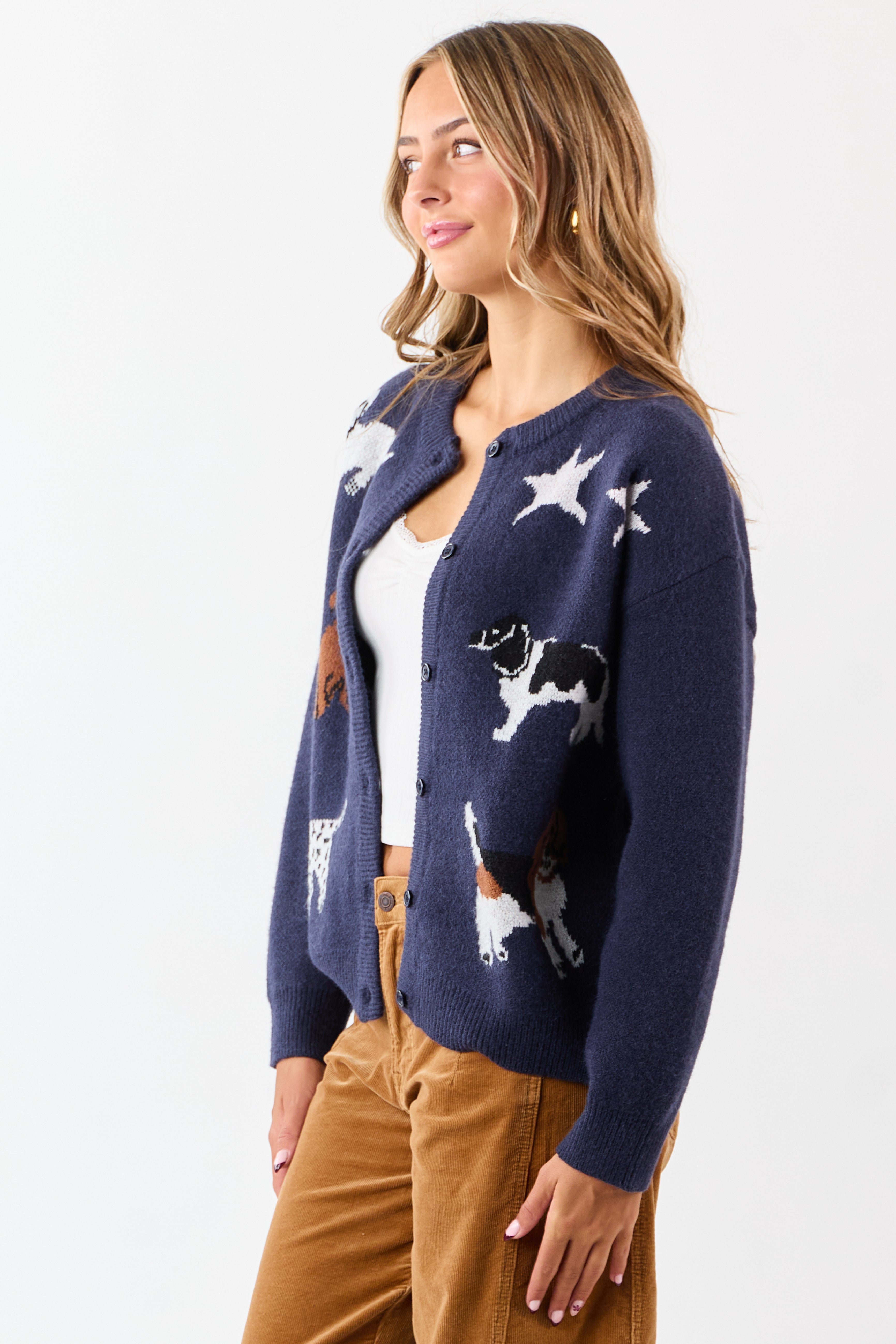 Navy Dog Graphic Knit Button Down Cardigan