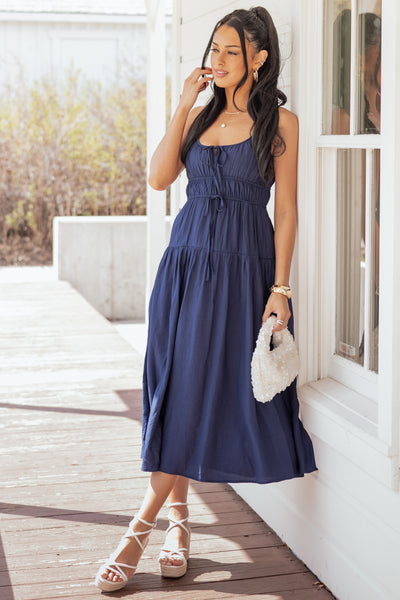 Navy Elastic Waist Sleeveless Midi Dress