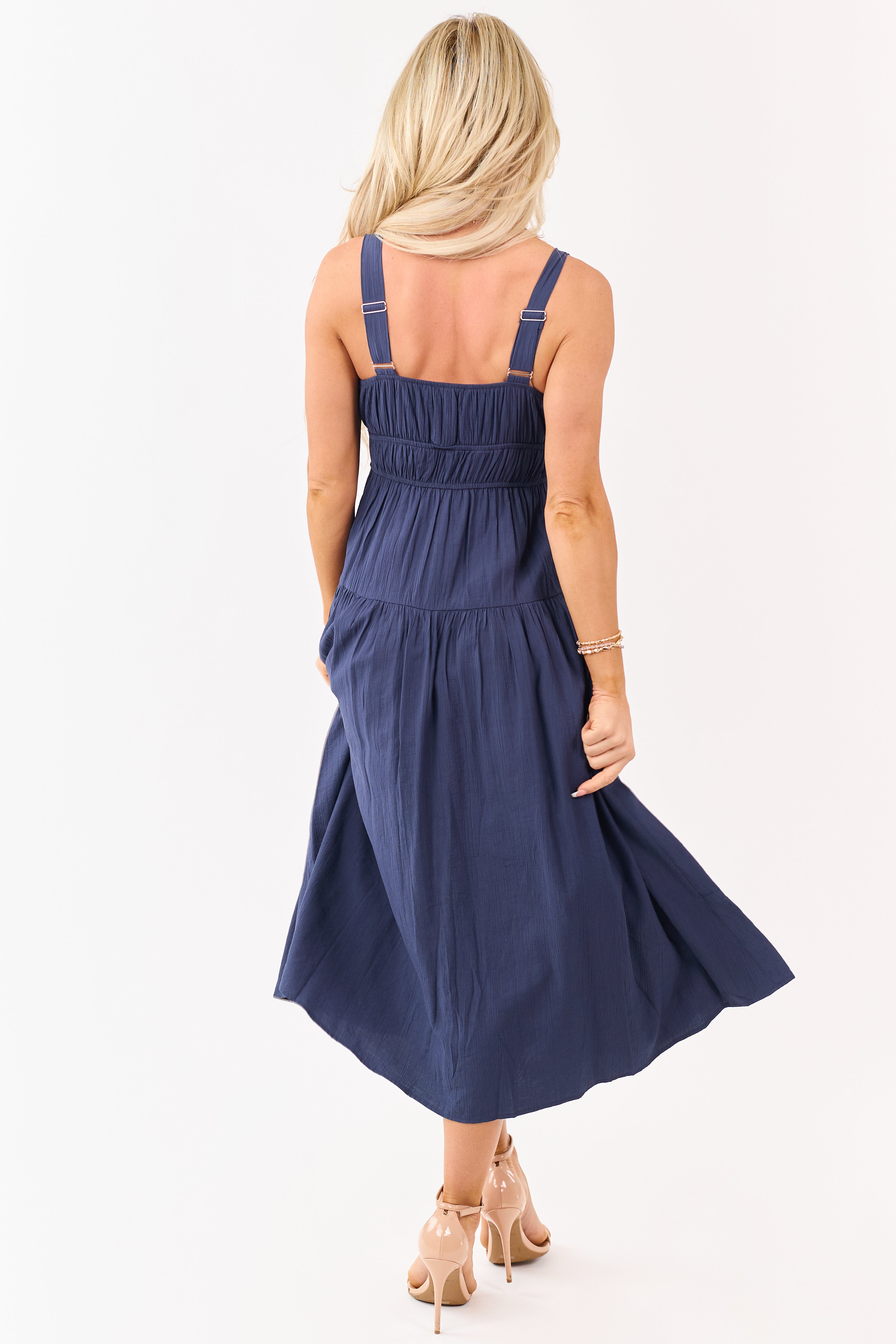 Navy Elastic Waist Sleeveless Midi Dress