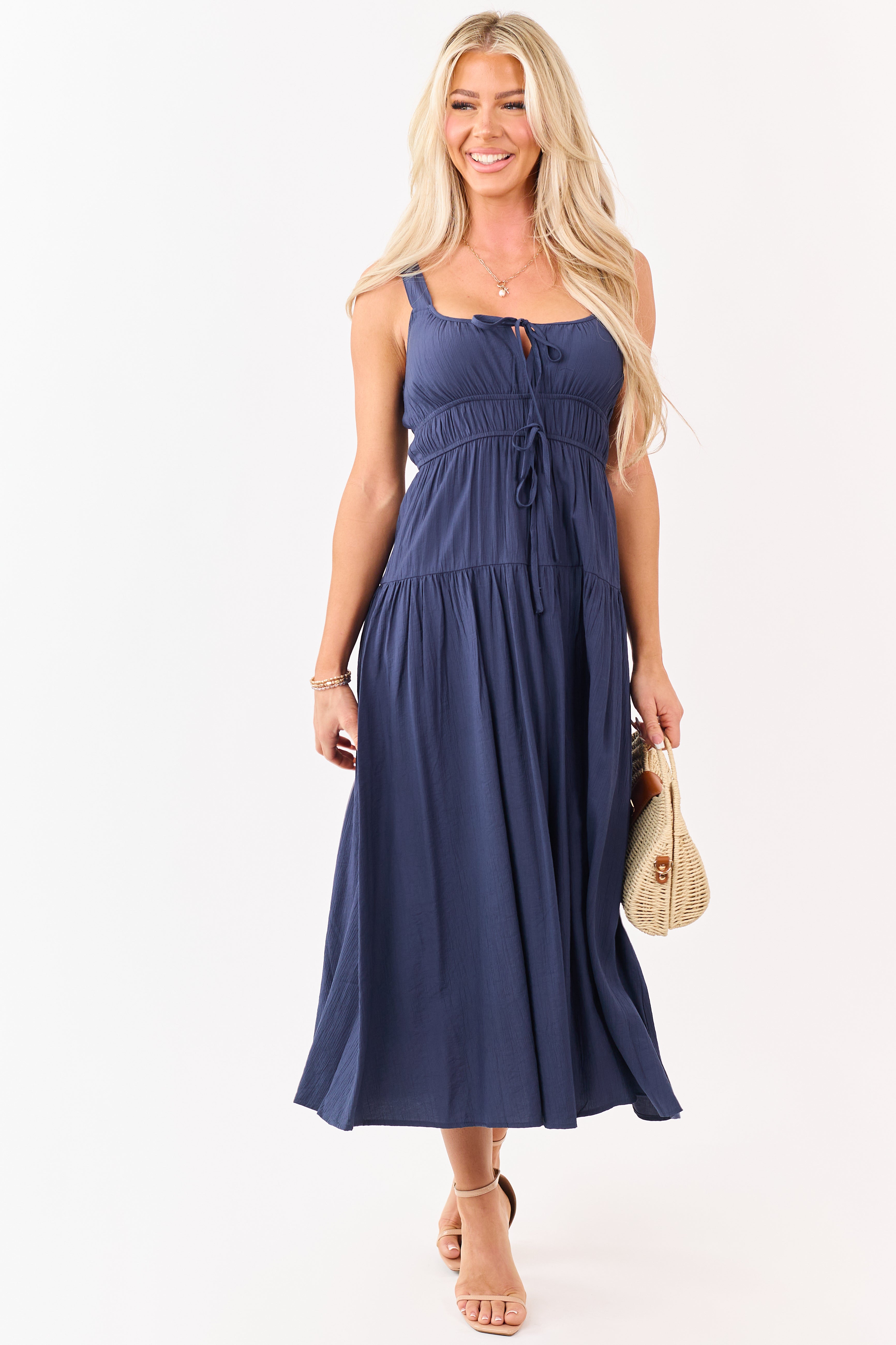 Navy Elastic Waist Sleeveless Midi Dress