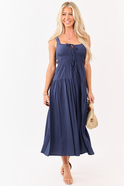 Navy Elastic Waist Sleeveless Midi Dress