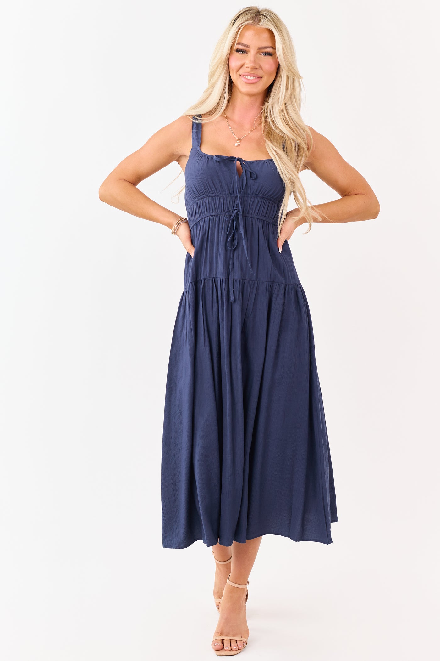 Navy Elastic Waist Sleeveless Midi Dress
