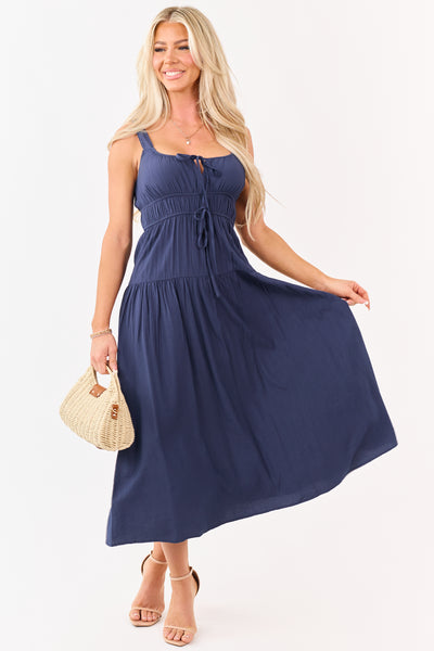 Navy Elastic Waist Sleeveless Midi Dress