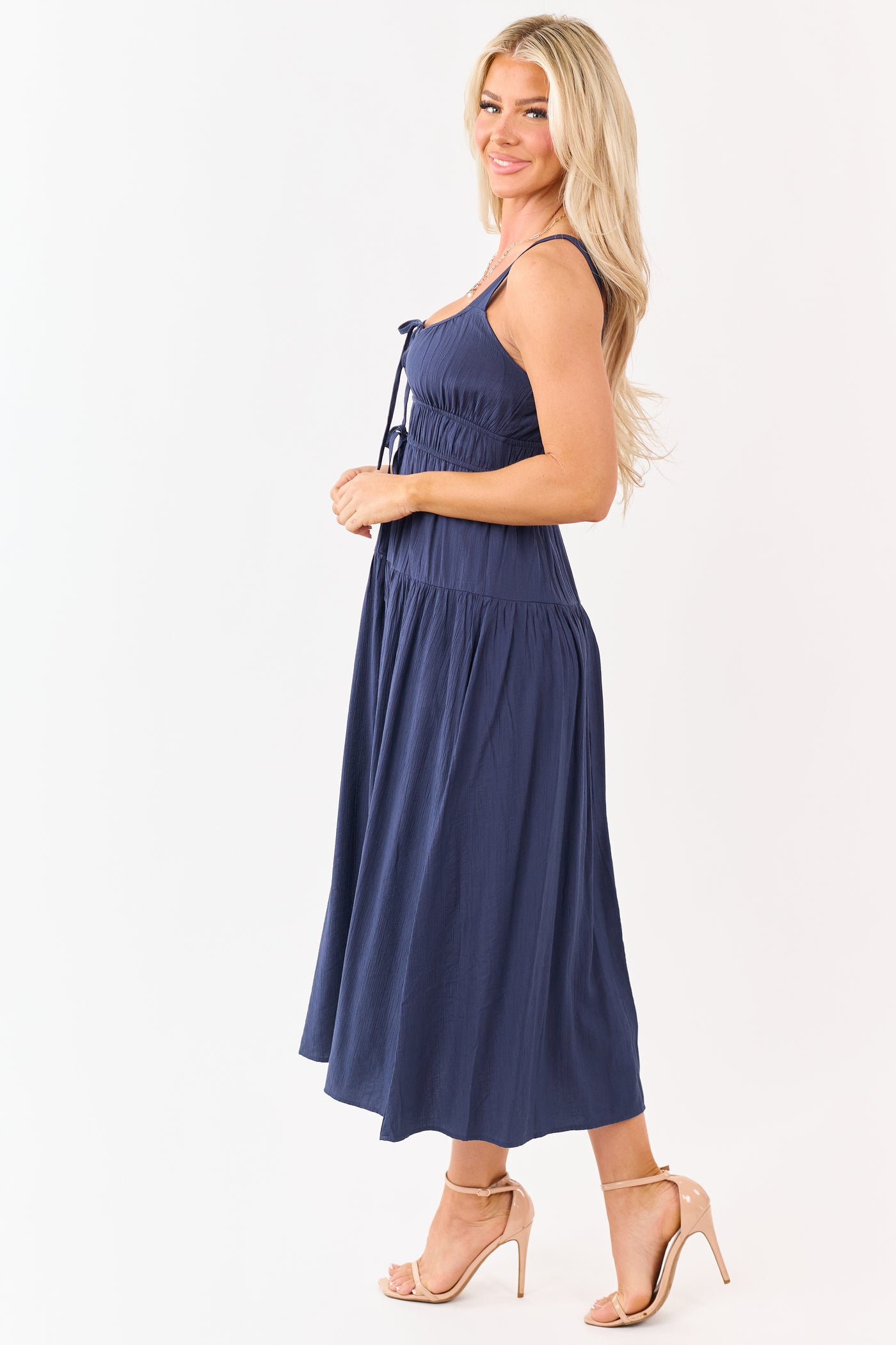 Navy Elastic Waist Sleeveless Midi Dress Navy Elastic Waist Sleeveless Midi Dress