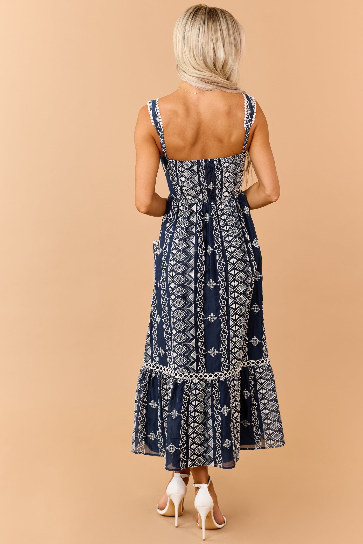 Navy Embroidered Sleeveless Lace Trim Maxi Dress