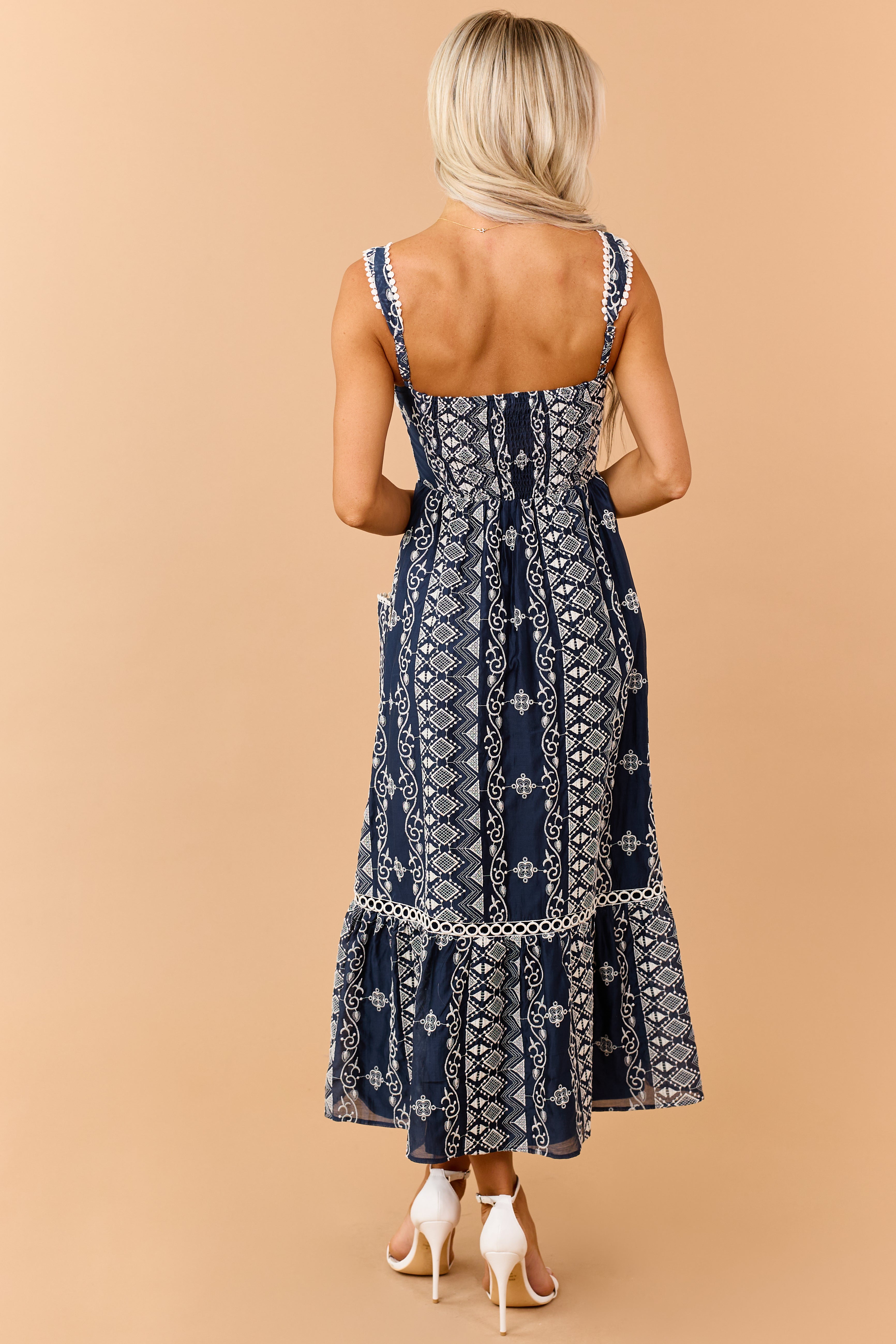 Navy Embroidered Sleeveless Lace Trim Maxi Dress