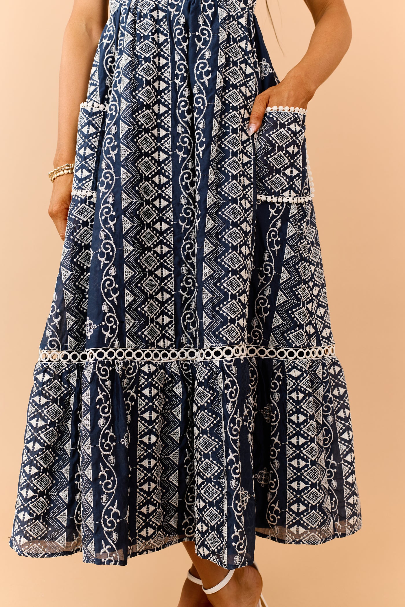 Navy Embroidered Sleeveless Lace Trim Maxi Dress