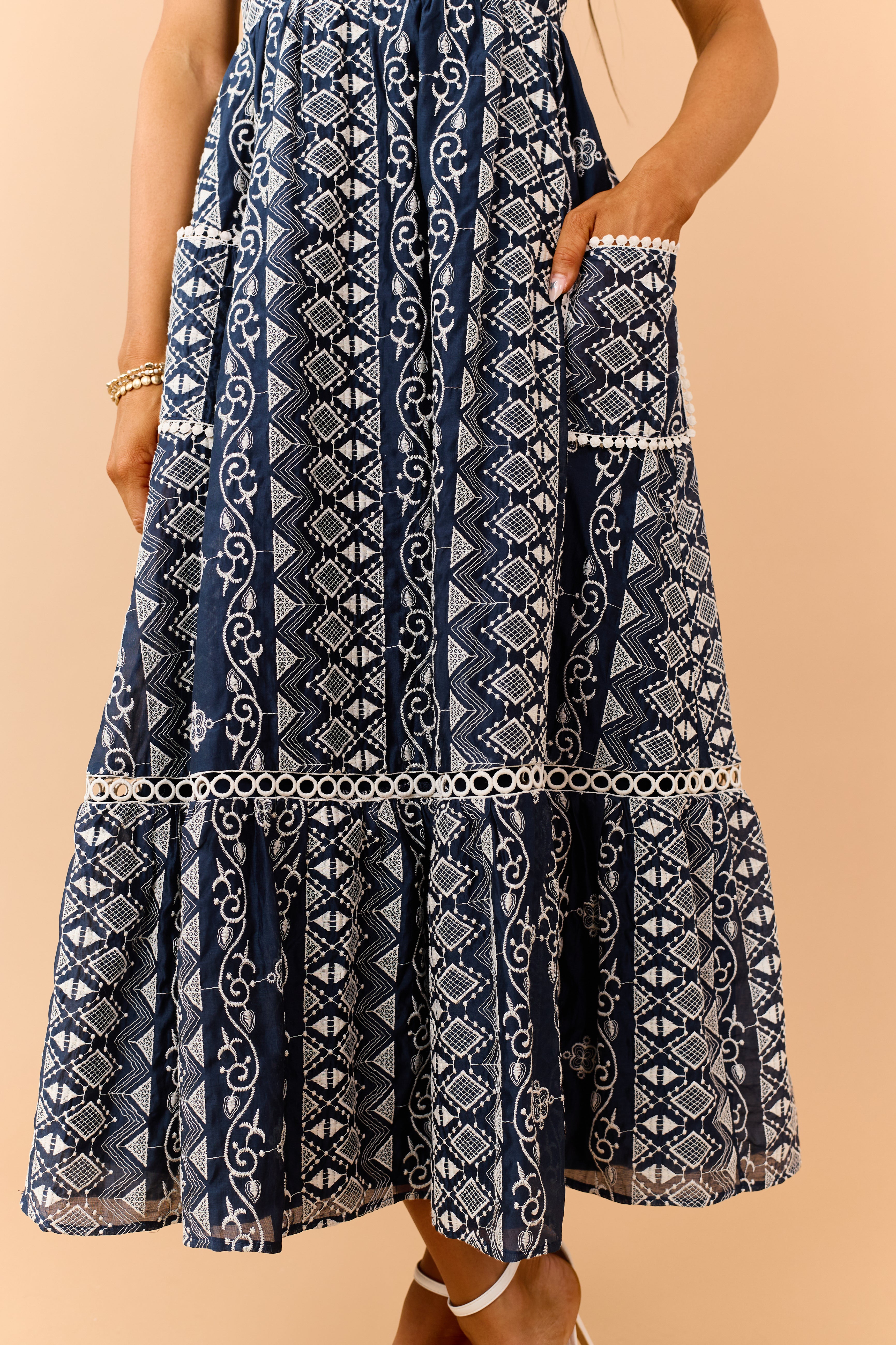Navy Embroidered Sleeveless Lace Trim Maxi Dress