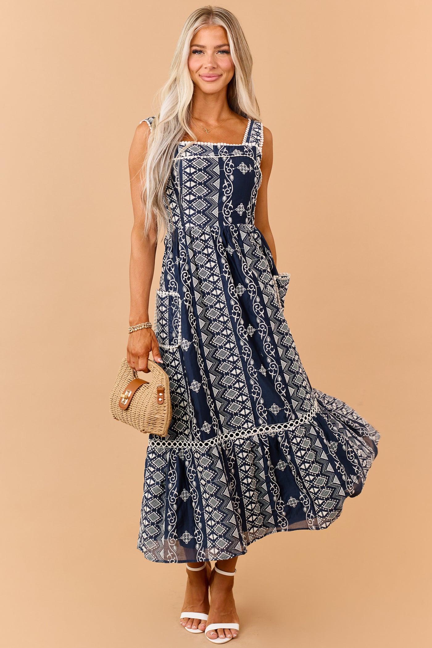 Navy Embroidered Sleeveless Lace Trim Maxi Dress
