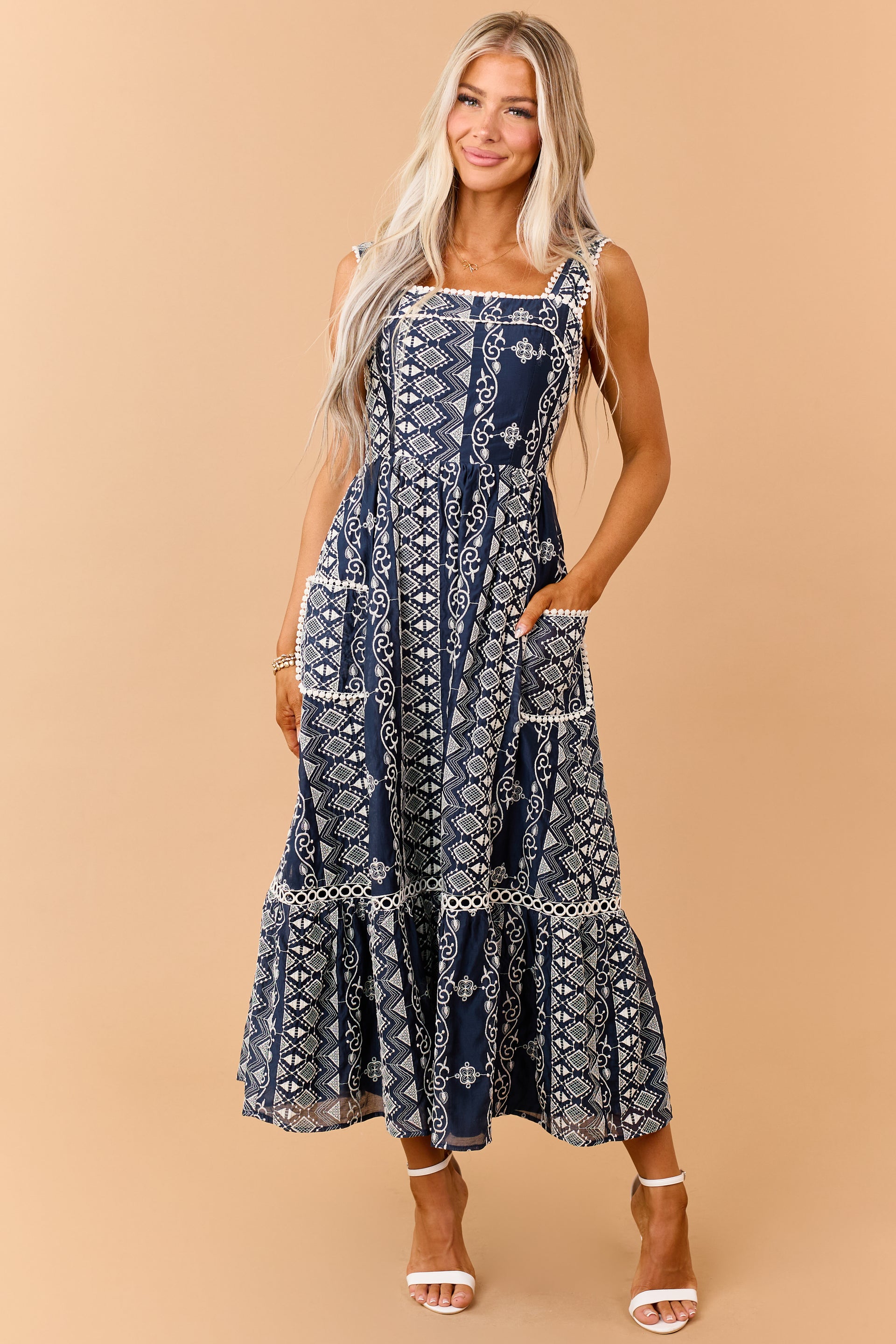 lace trim maxi dress Navy Embroidered Sleeveless Lace Trim Maxi Dress
