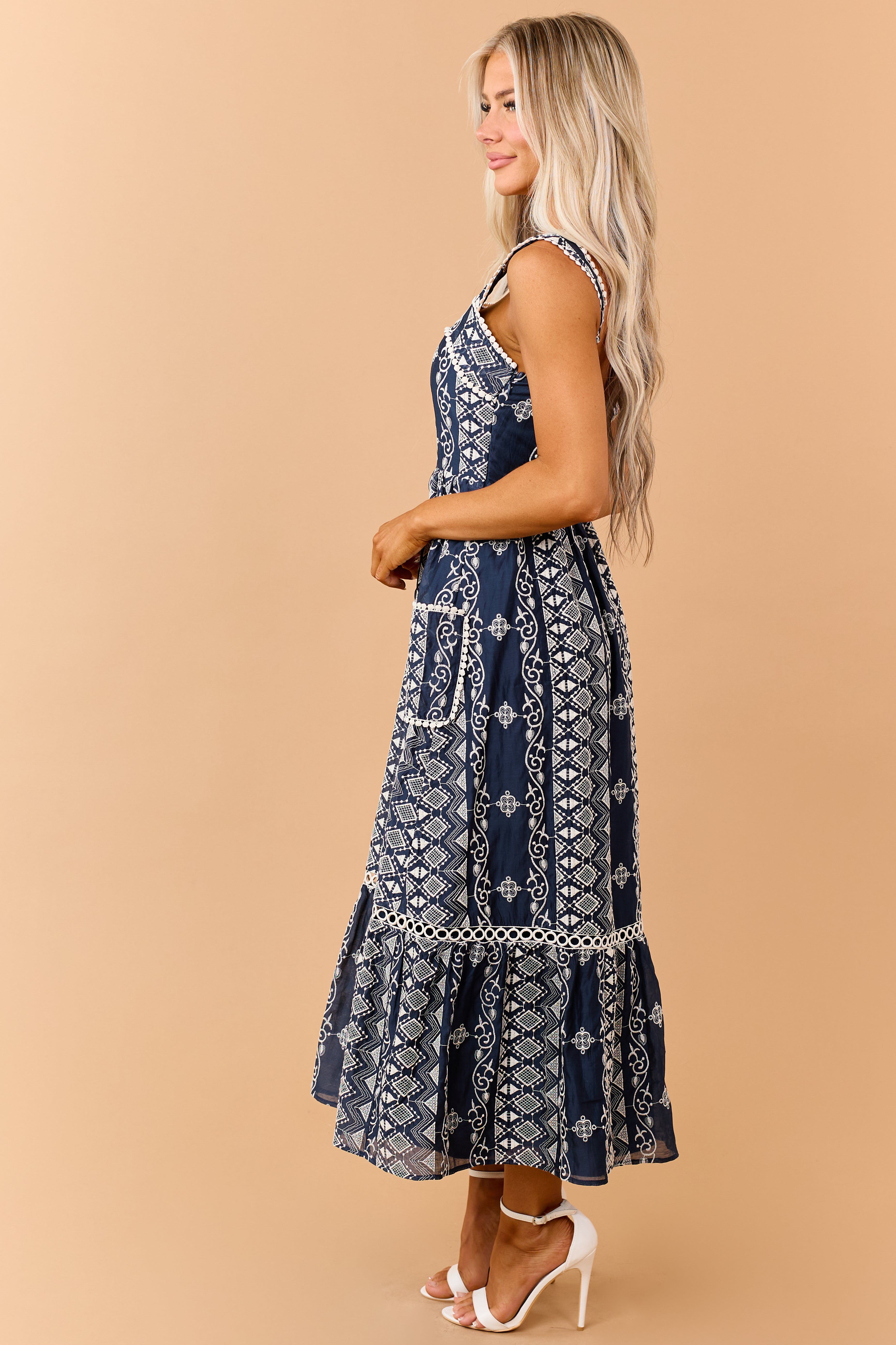 Navy Embroidered Sleeveless Lace Trim Maxi Dress