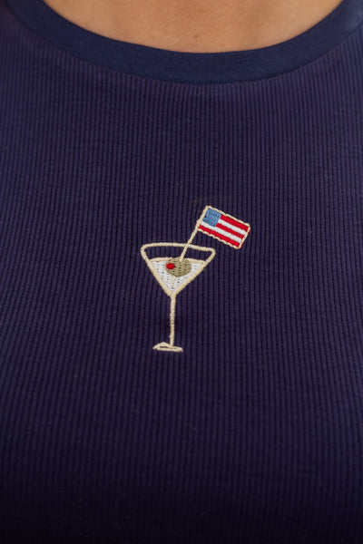 Navy Embroidered USA Cocktail Knit Top