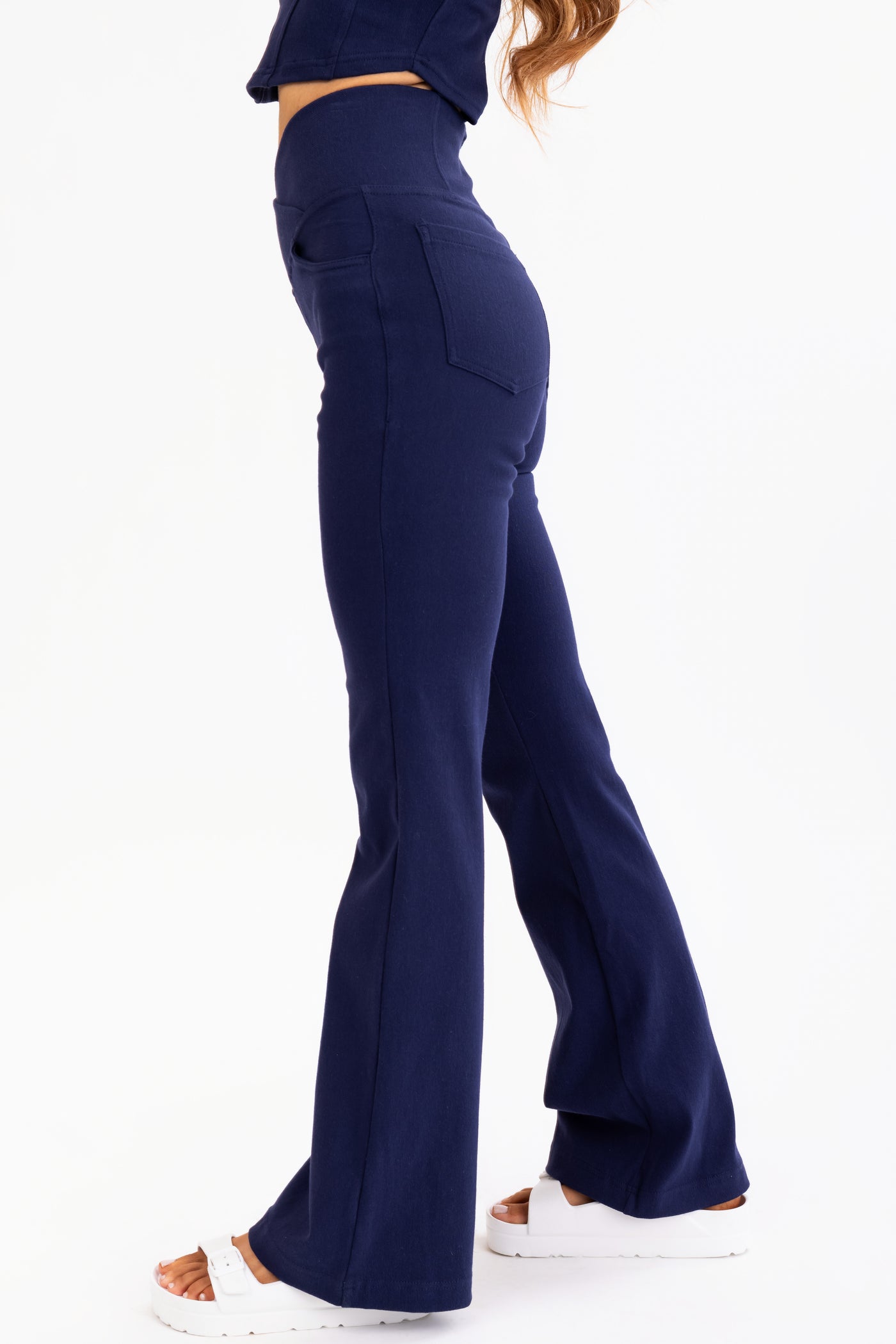 Navy Flared Leg Crossover Waist Knit Pants