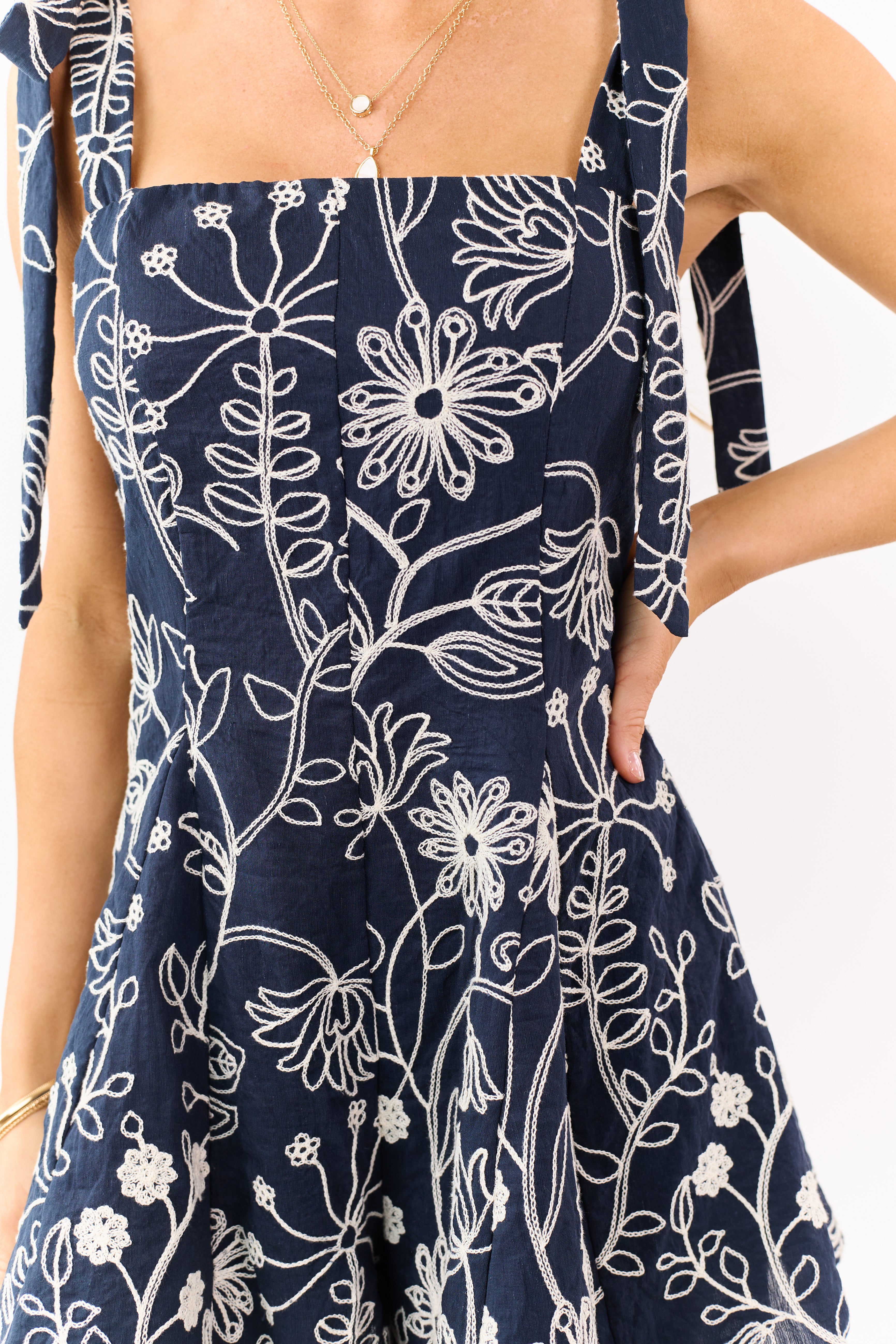 Navy Floral Embroidered Tie Strap Romper