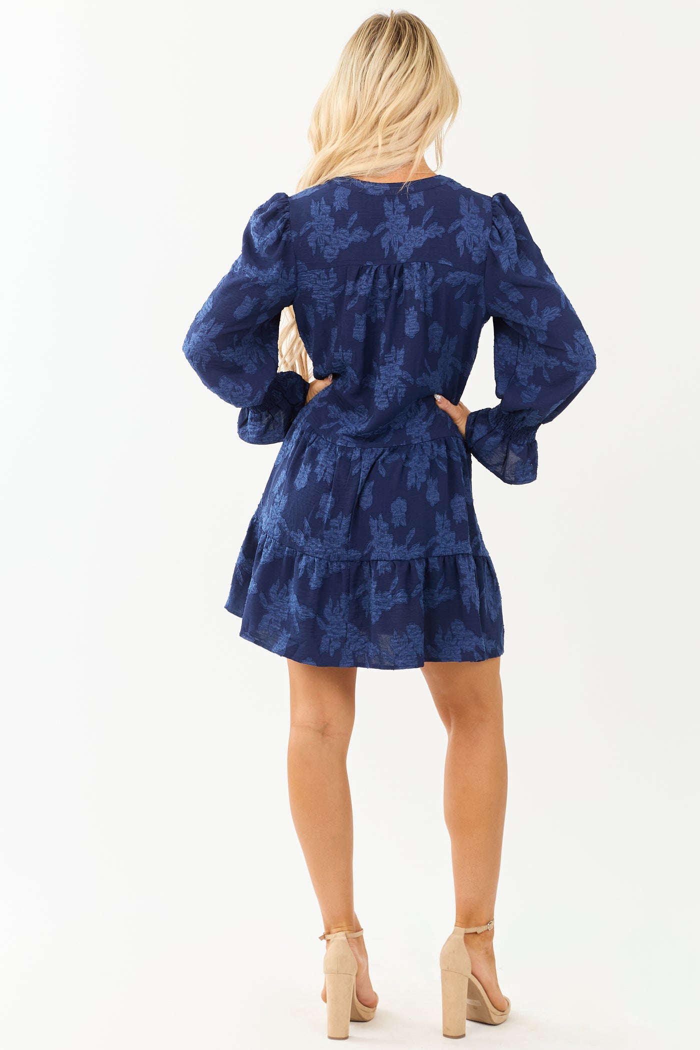 Navy Floral Jacquard Long Sleeve Tiered Short Dress