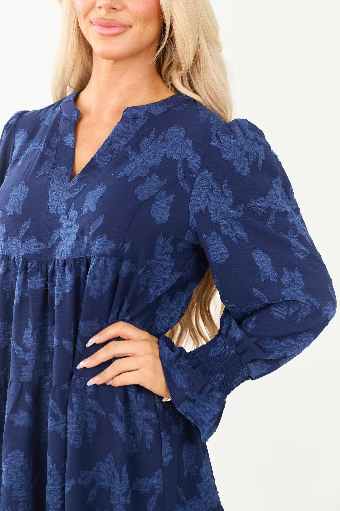 Navy Floral Jacquard Long Sleeve Tiered Short Dress