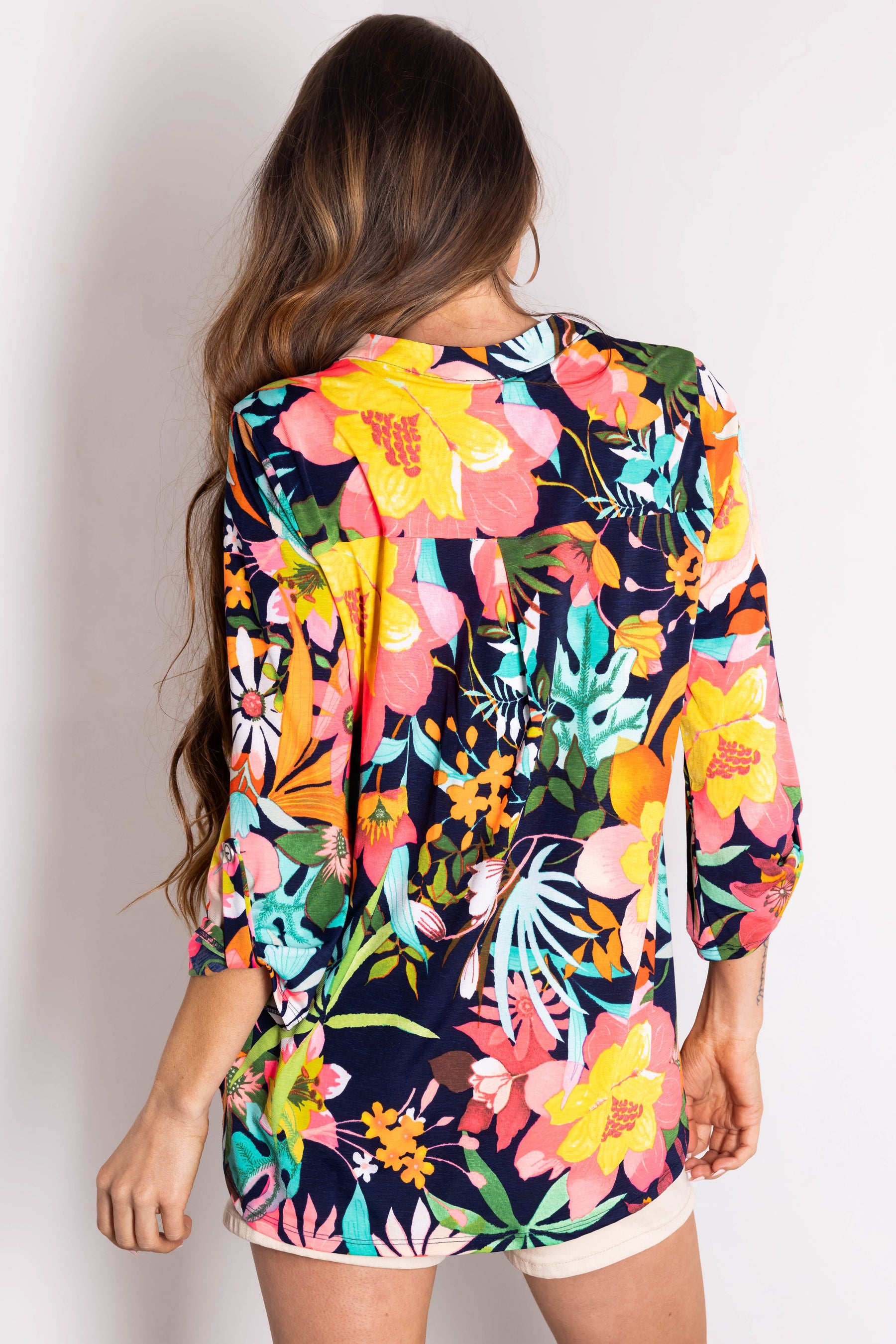 Navy Embroidered V-Neck Ruffle Top