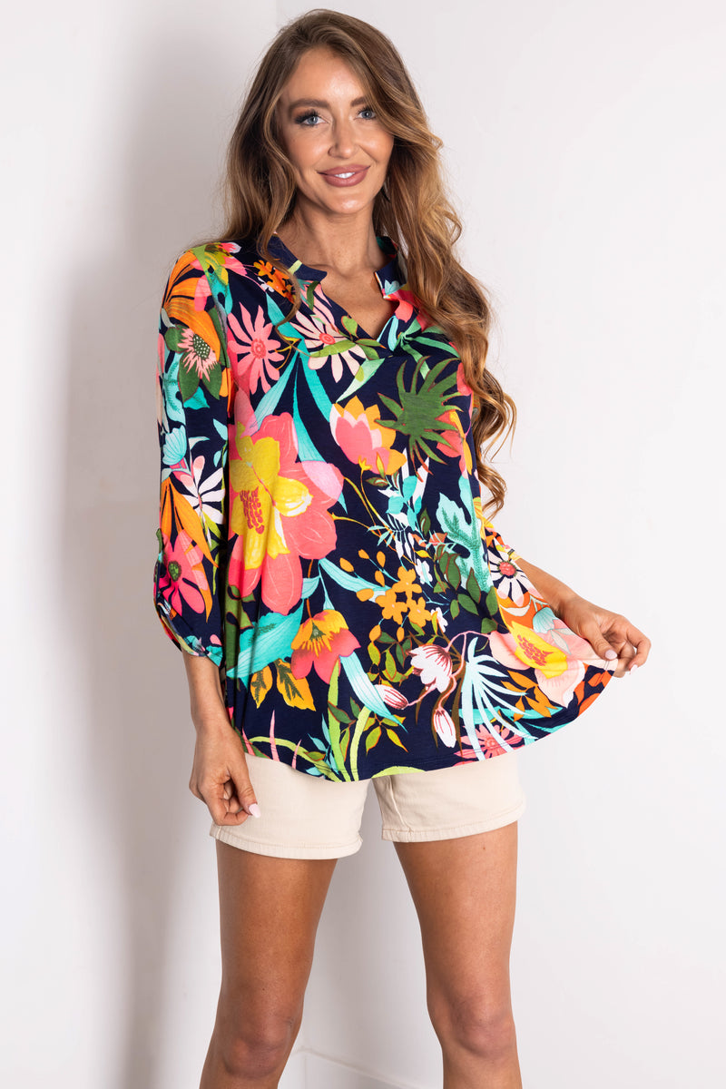 3/4 Sleeve Printed Top with Ruffled V-Neck
