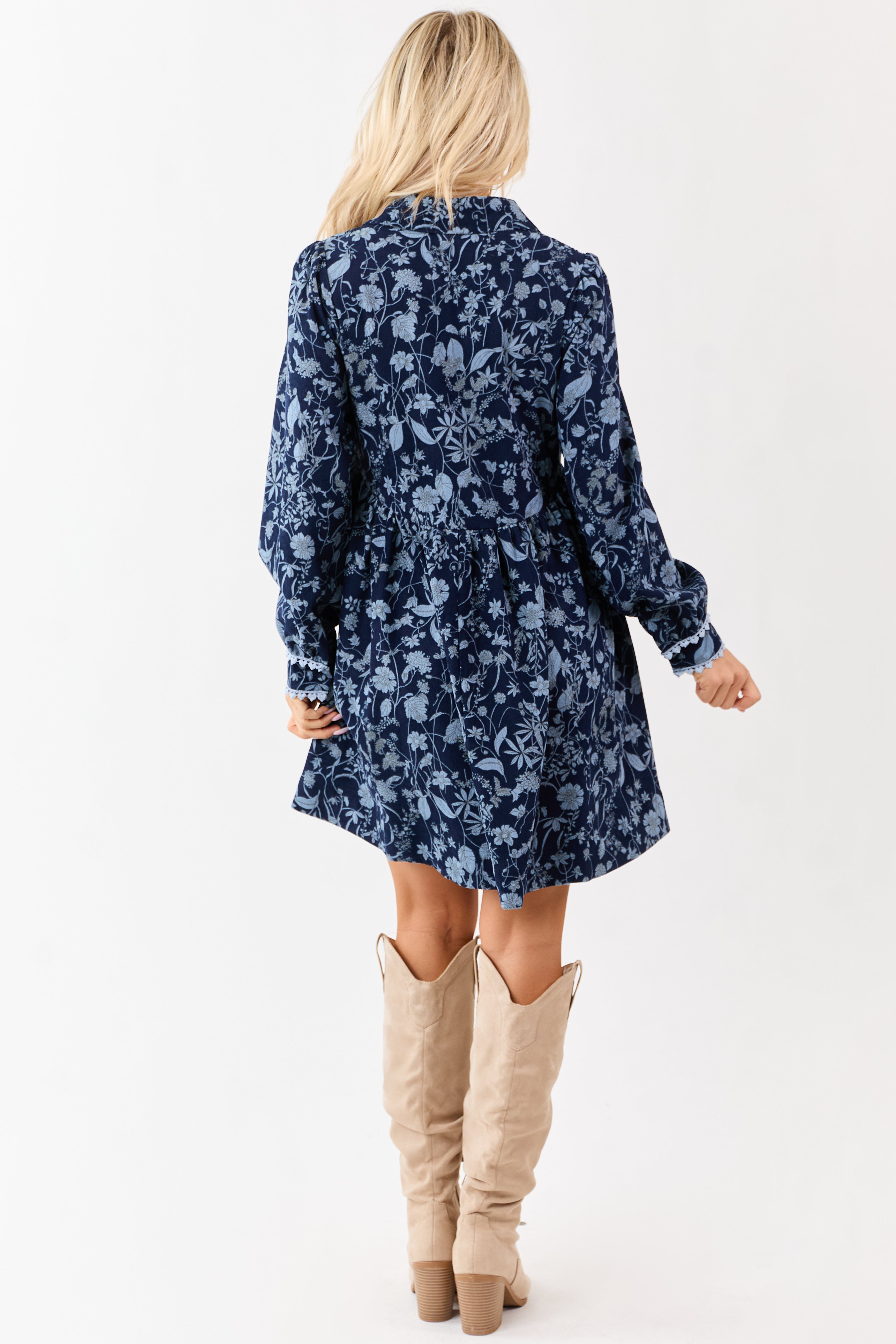 Navy Floral Print Corduroy Smocked Mini Dress