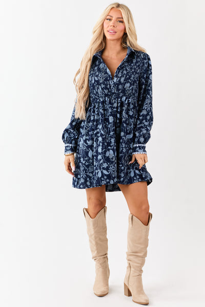 Navy Floral Print Corduroy Smocked Mini Dress