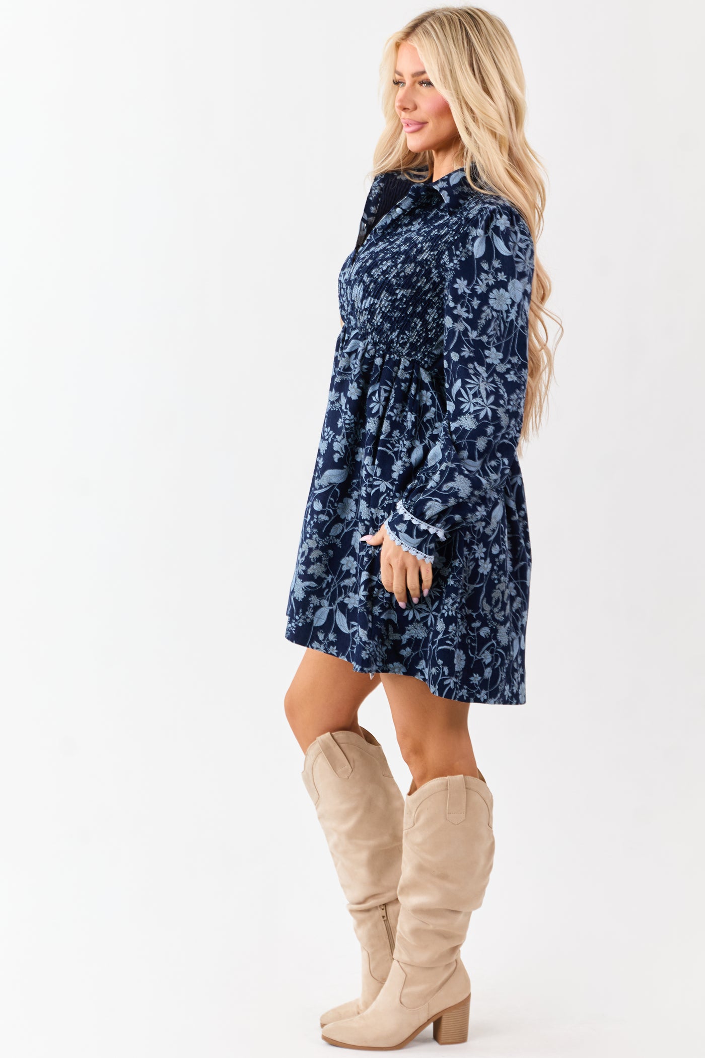 Navy Floral Print Corduroy Smocked Mini Dress