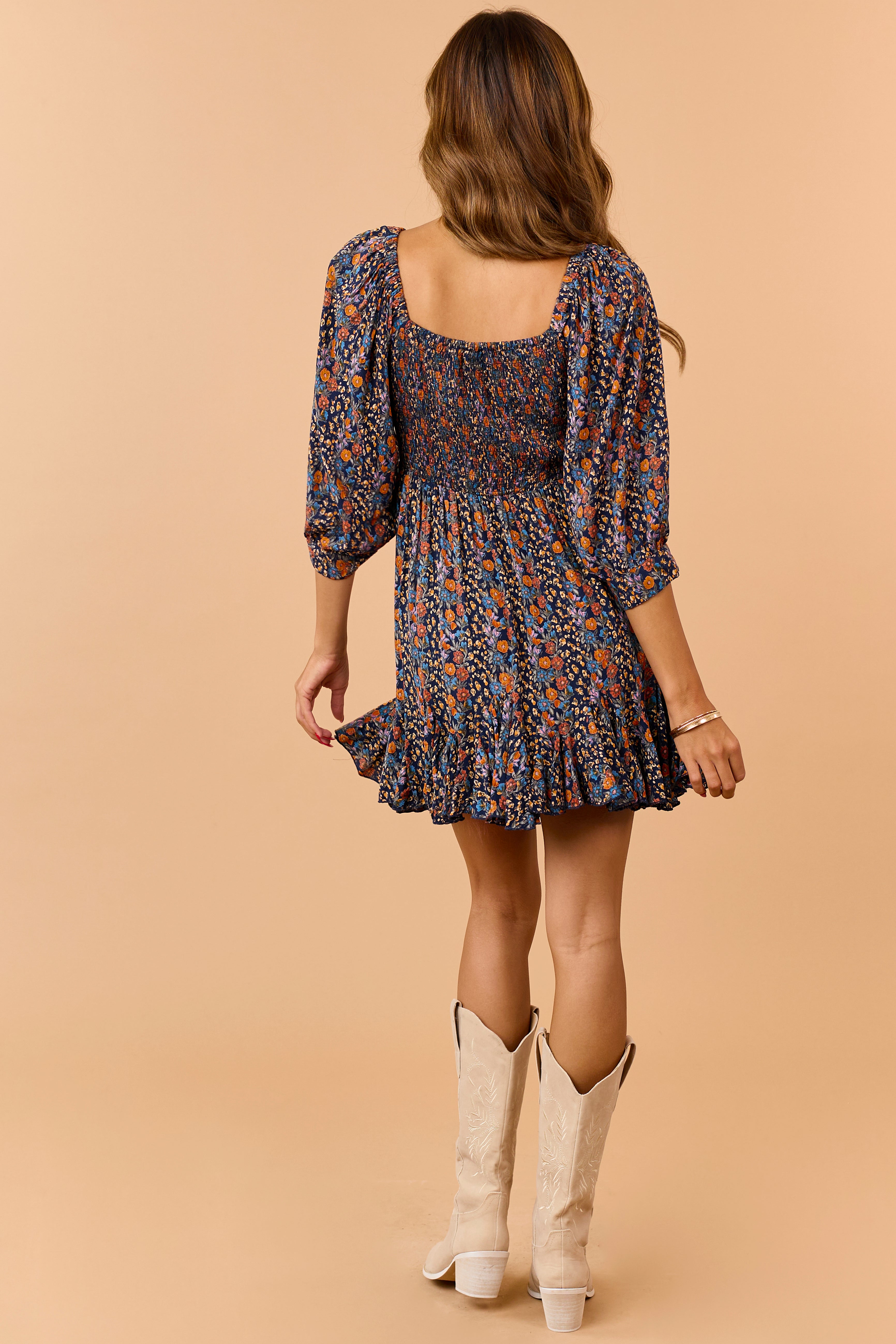 Navy Floral Print Front Twist Half Sleeve Mini Dress