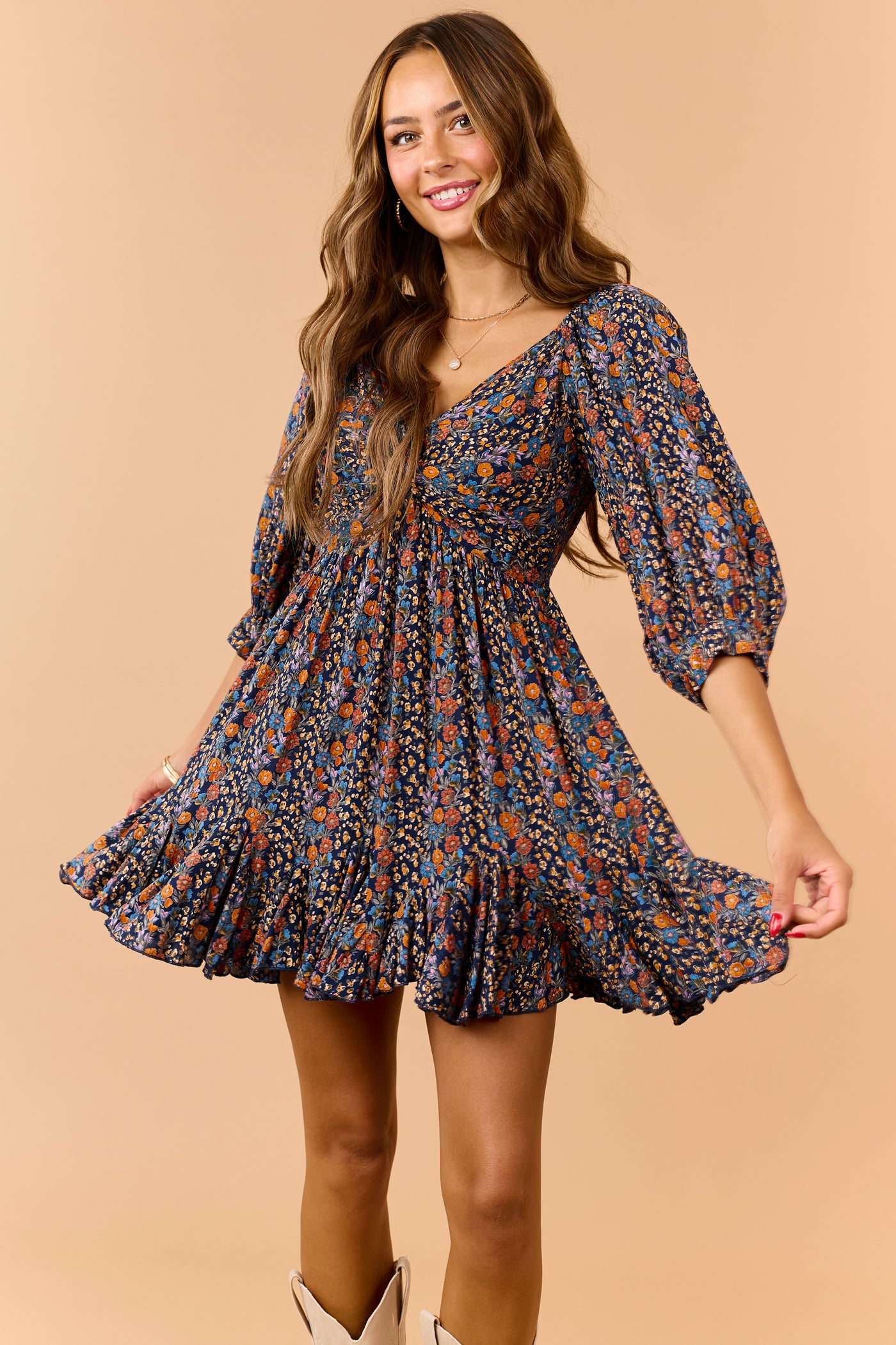 Navy Floral Print Front Twist Half Sleeve Mini Dress