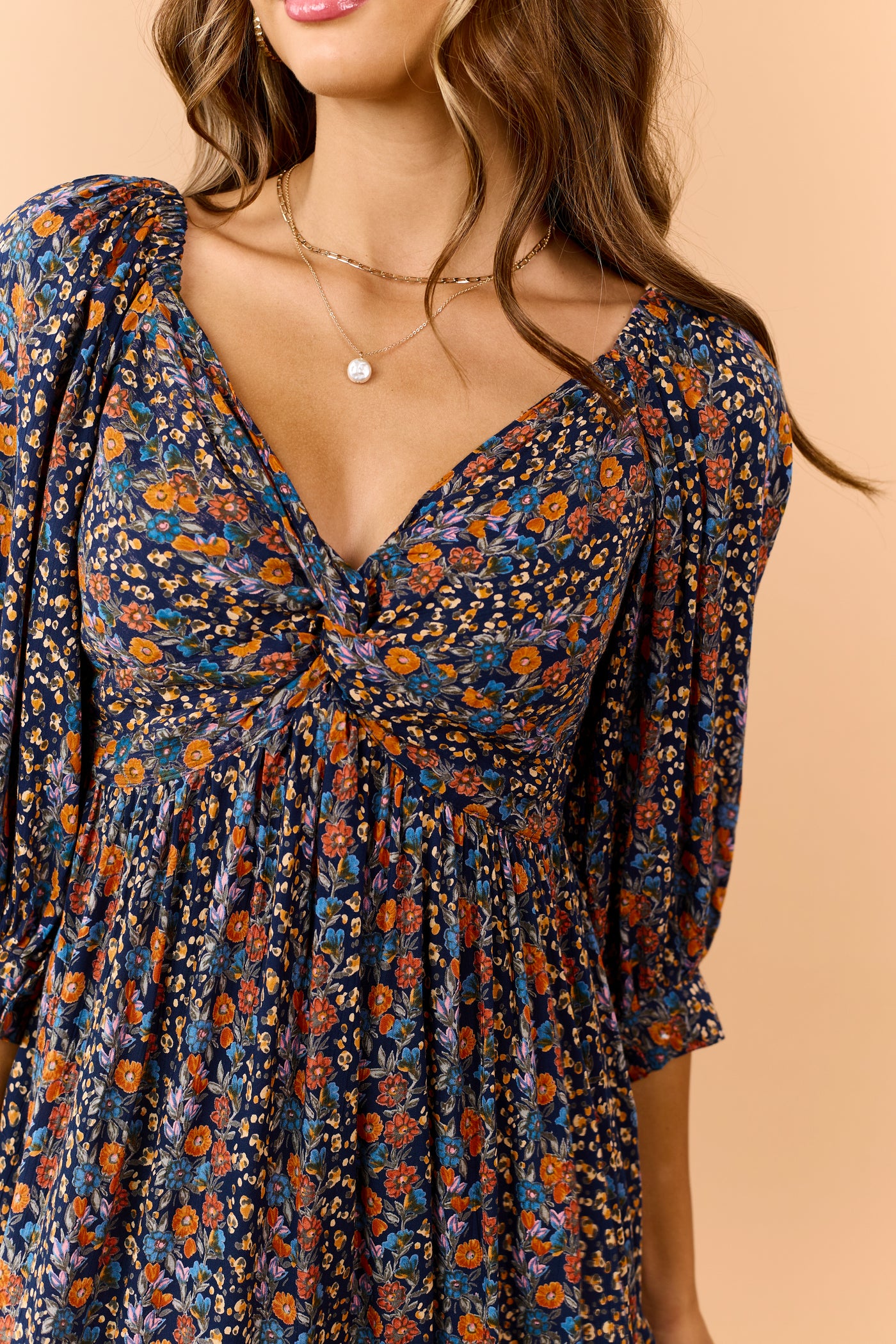Navy Floral Print Front Twist Half Sleeve Mini Dress