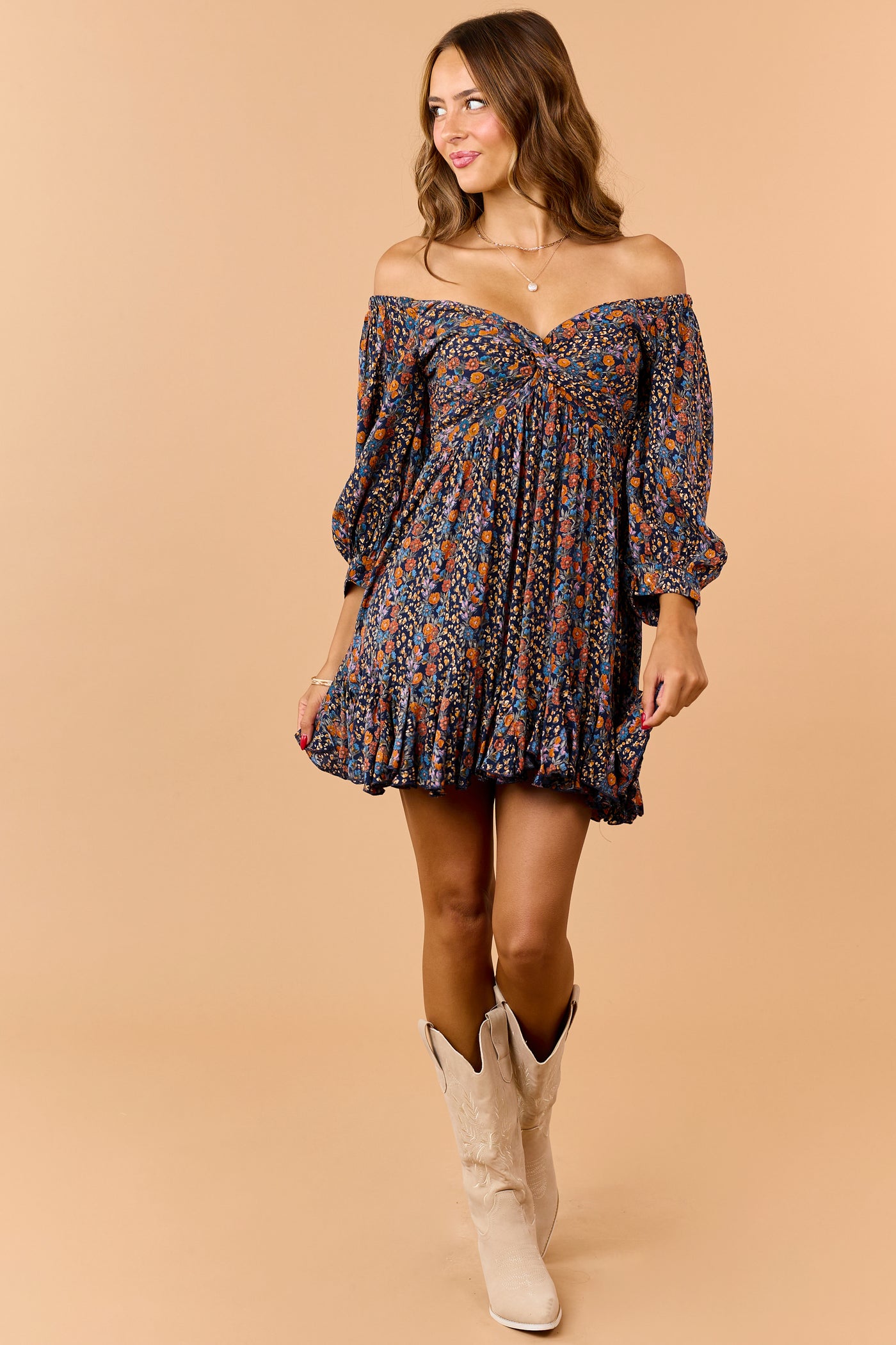 Navy Floral Print Front Twist Half Sleeve Mini Dress