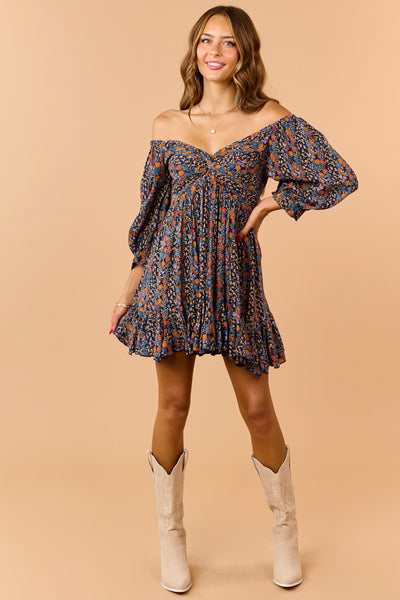 Navy Floral Print Front Twist Half Sleeve Mini Dress