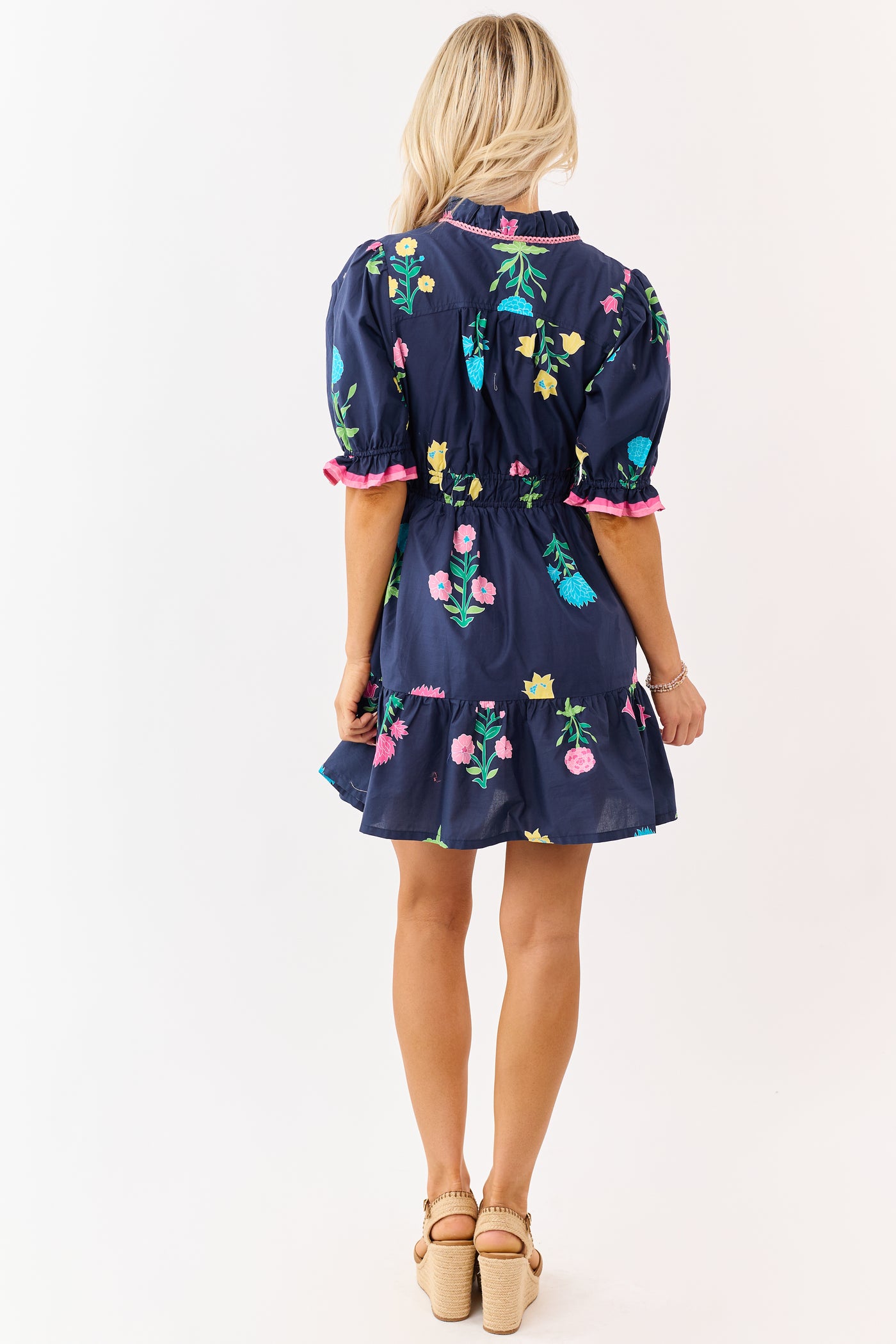 Navy Floral Print Puff Sleeve Cotton Mini Dress