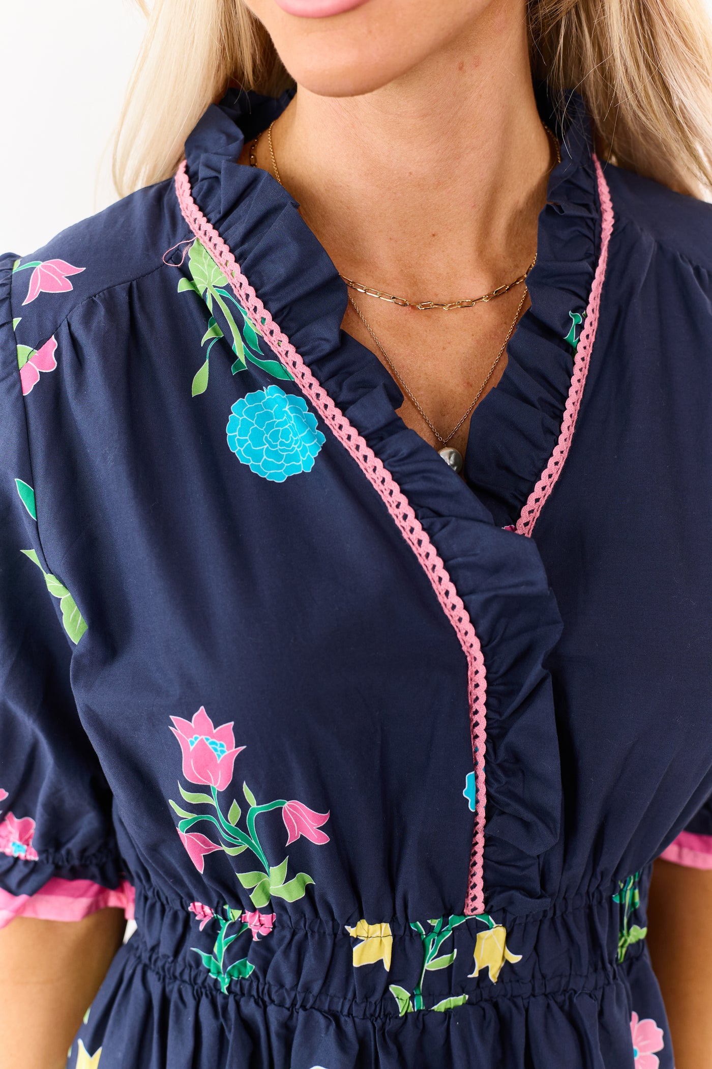 Navy Floral Print Puff Sleeve Cotton Mini Dress
