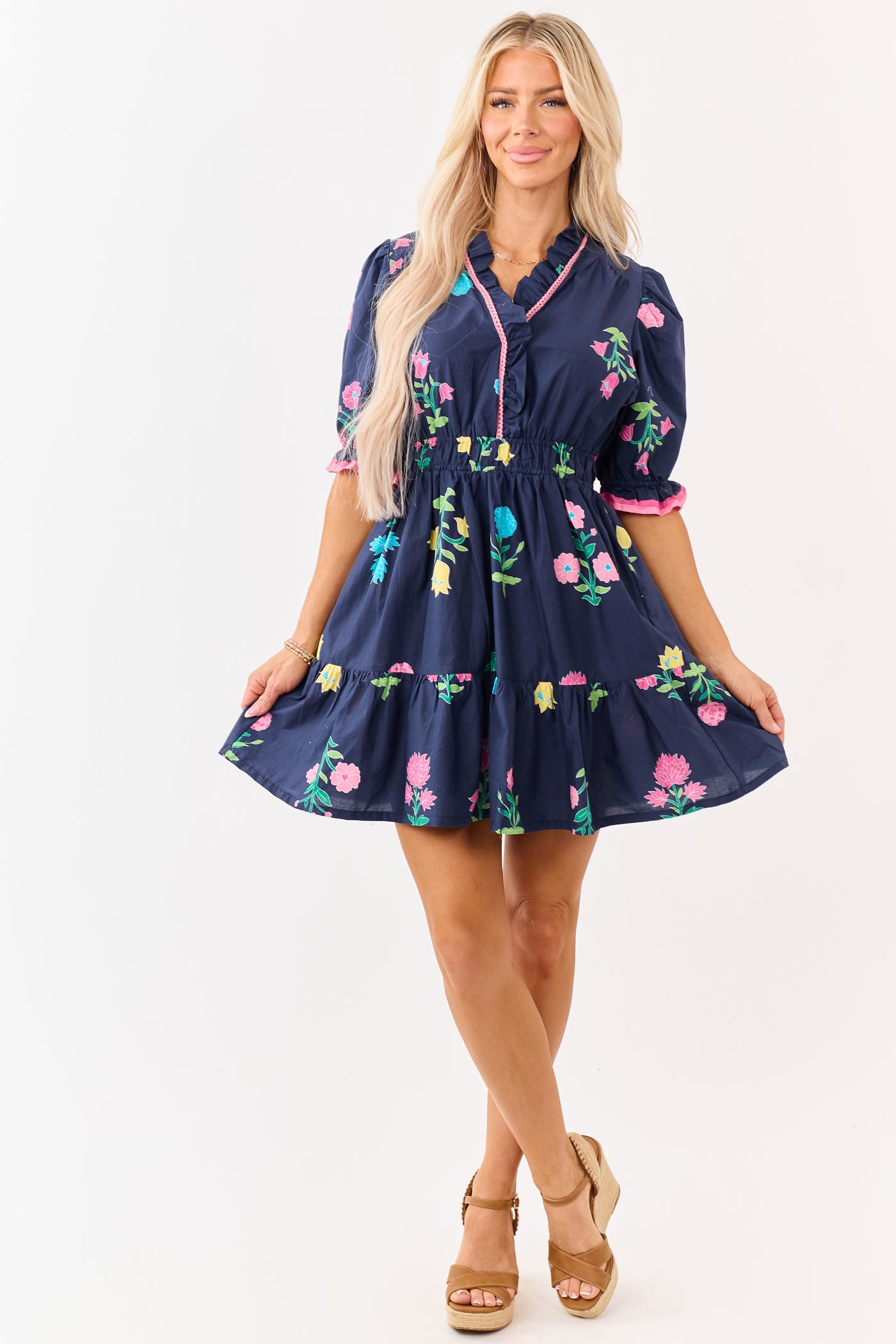 Navy Floral Print Puff Sleeve Cotton Mini Dress