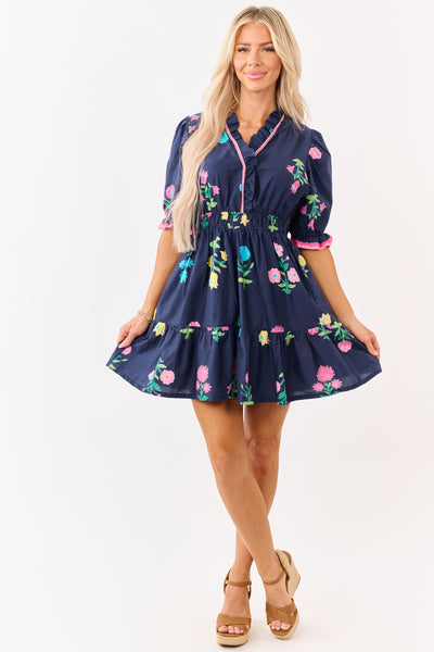 Navy Floral Print Puff Sleeve Cotton Mini Dress