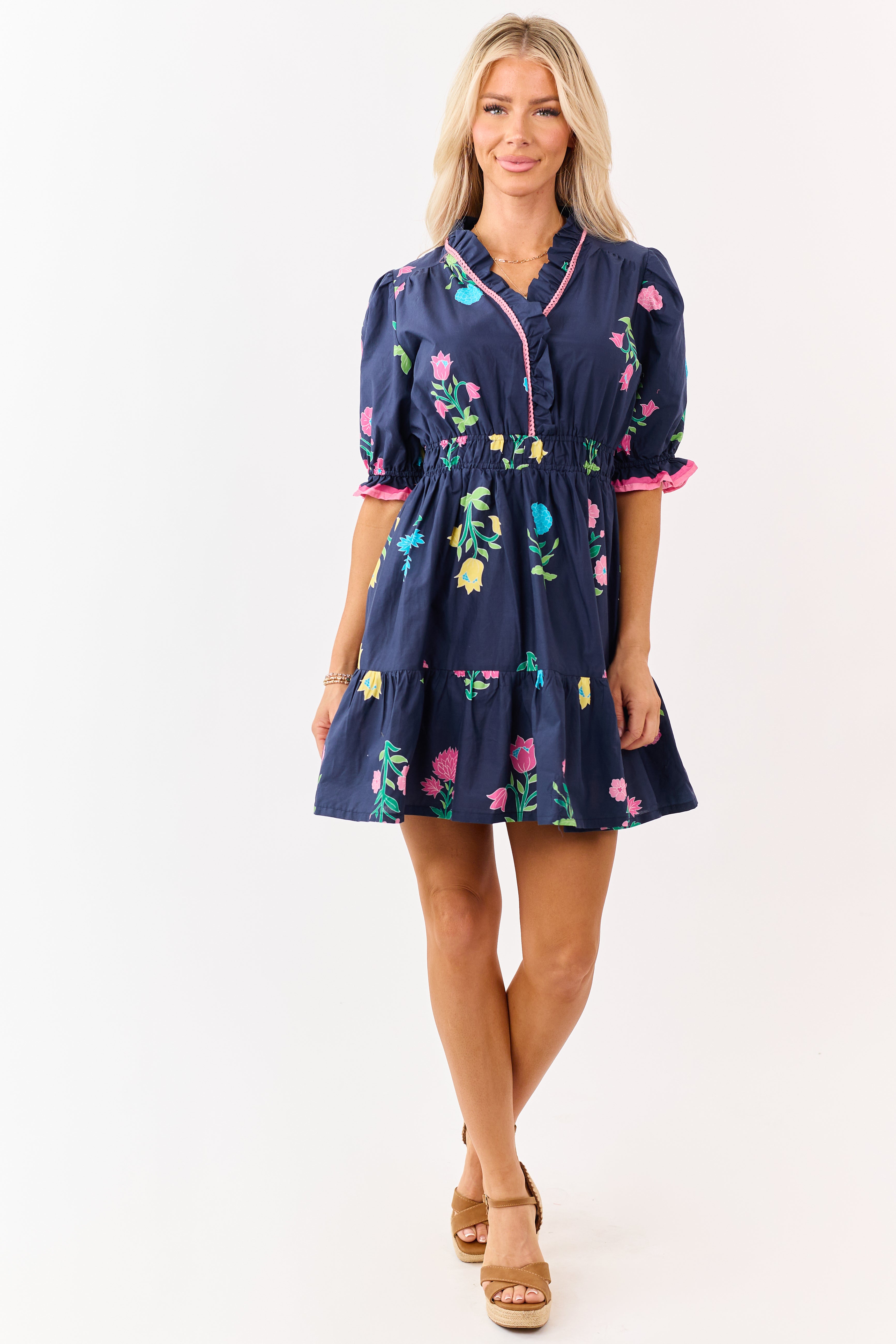 Navy Floral Print Puff Sleeve Cotton Mini Dress