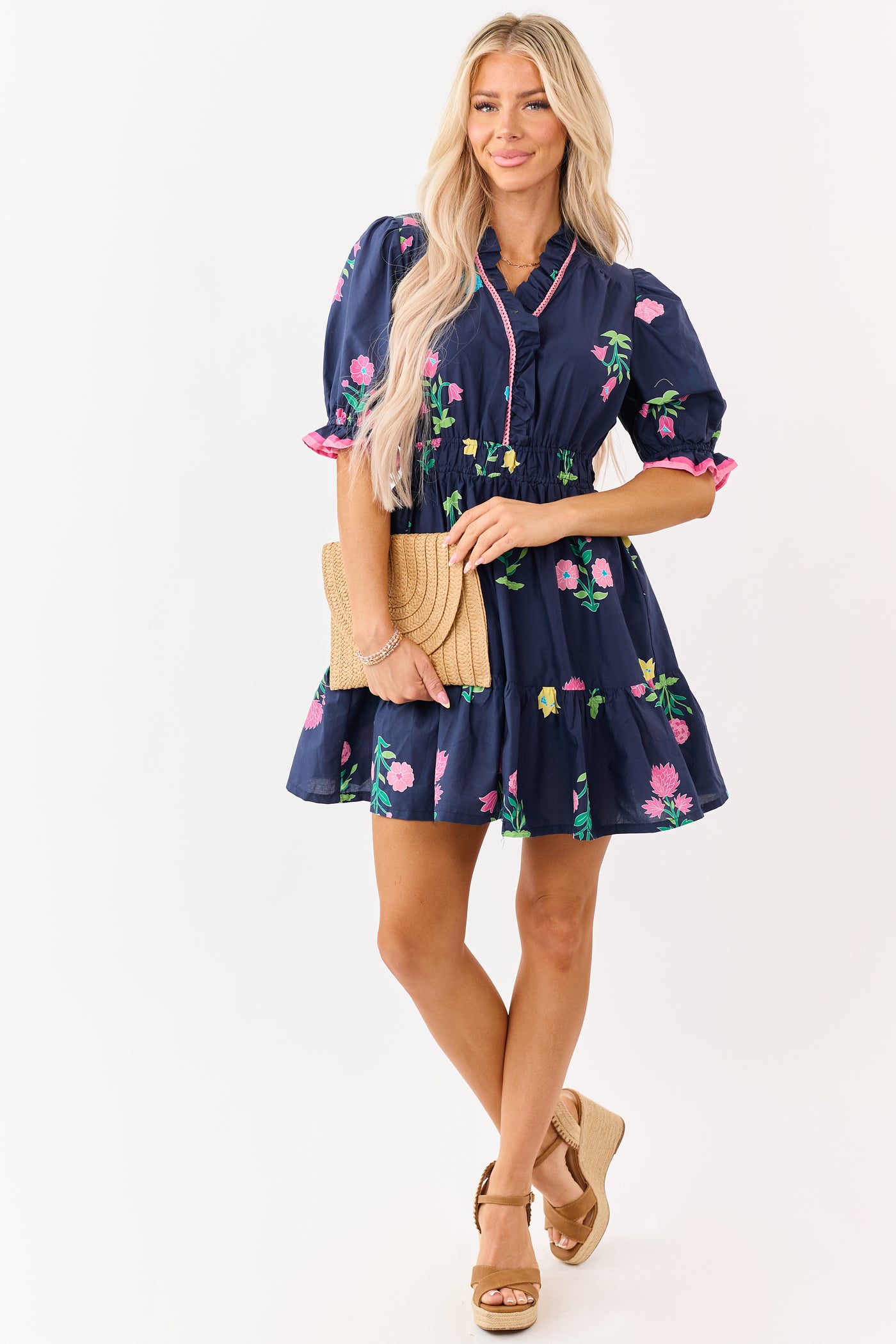 Navy Floral Print Puff Sleeve Cotton Mini Dress