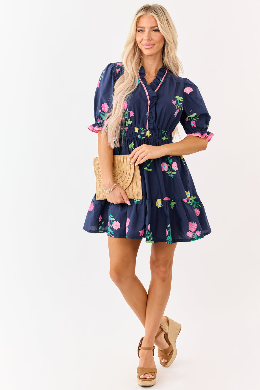 Navy Floral Print Puff Sleeve Cotton Mini Dress