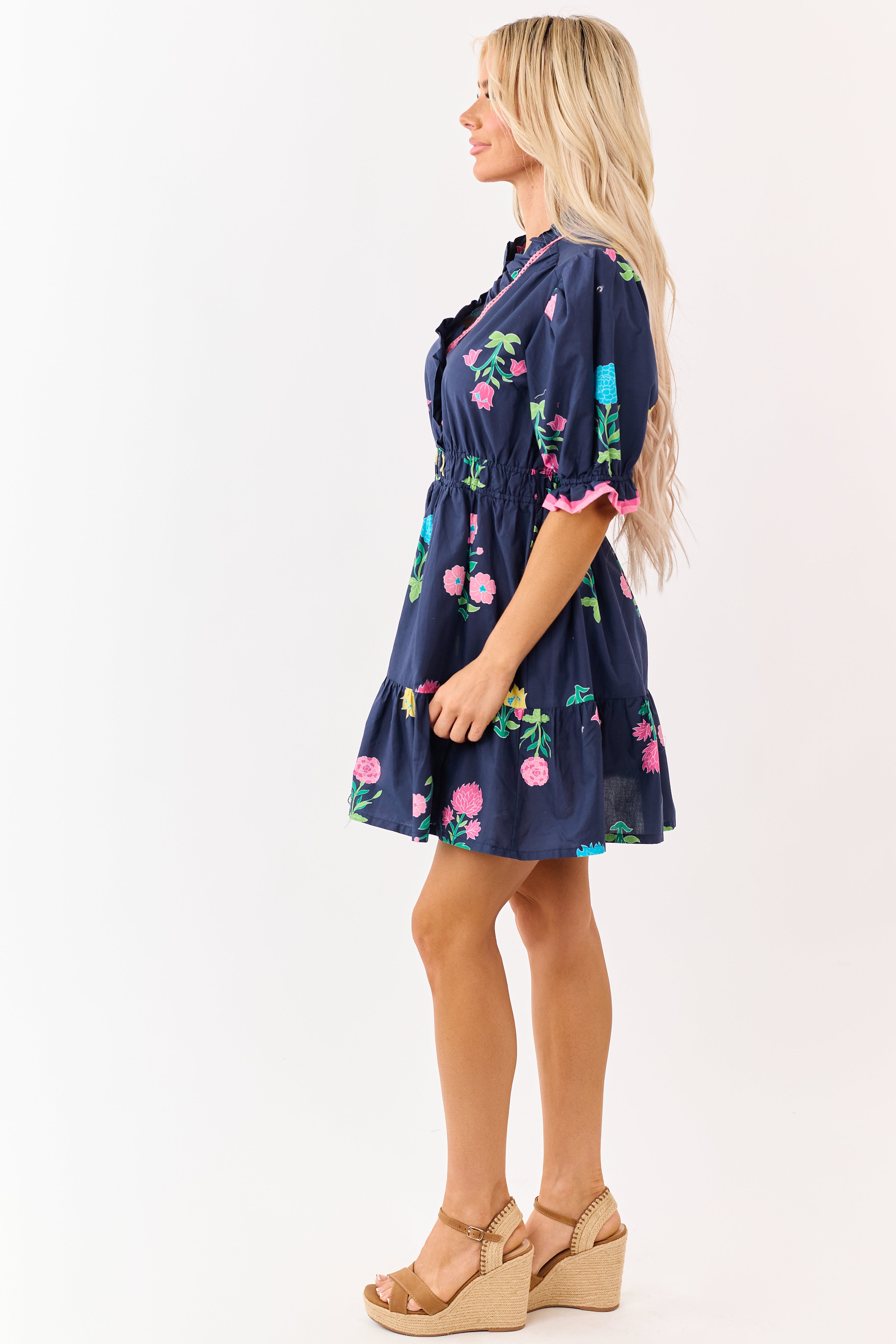 Navy Floral Print Puff Sleeve Cotton Mini Dress