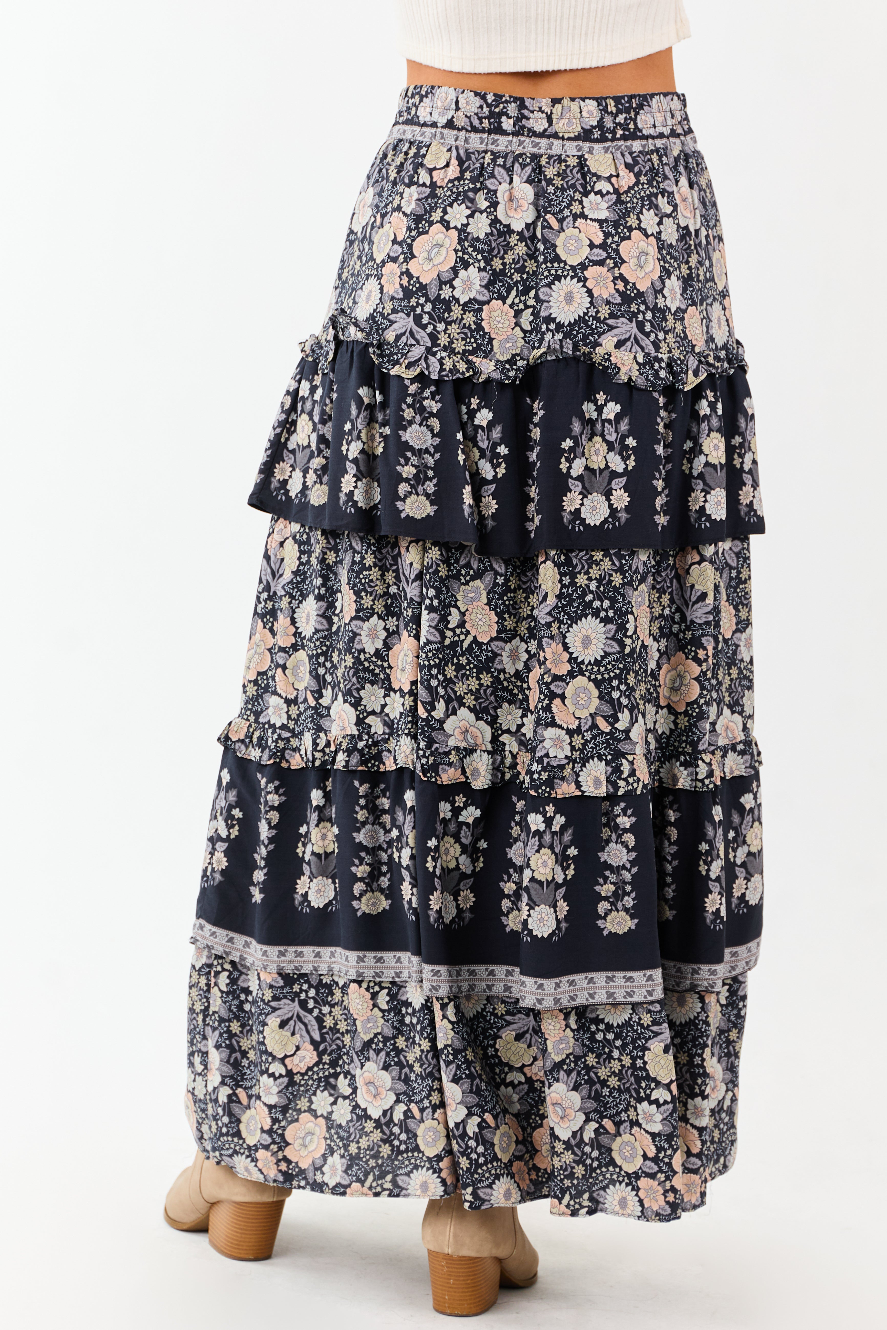 Navy Floral Print Ruffle Tiered Maxi Skirt