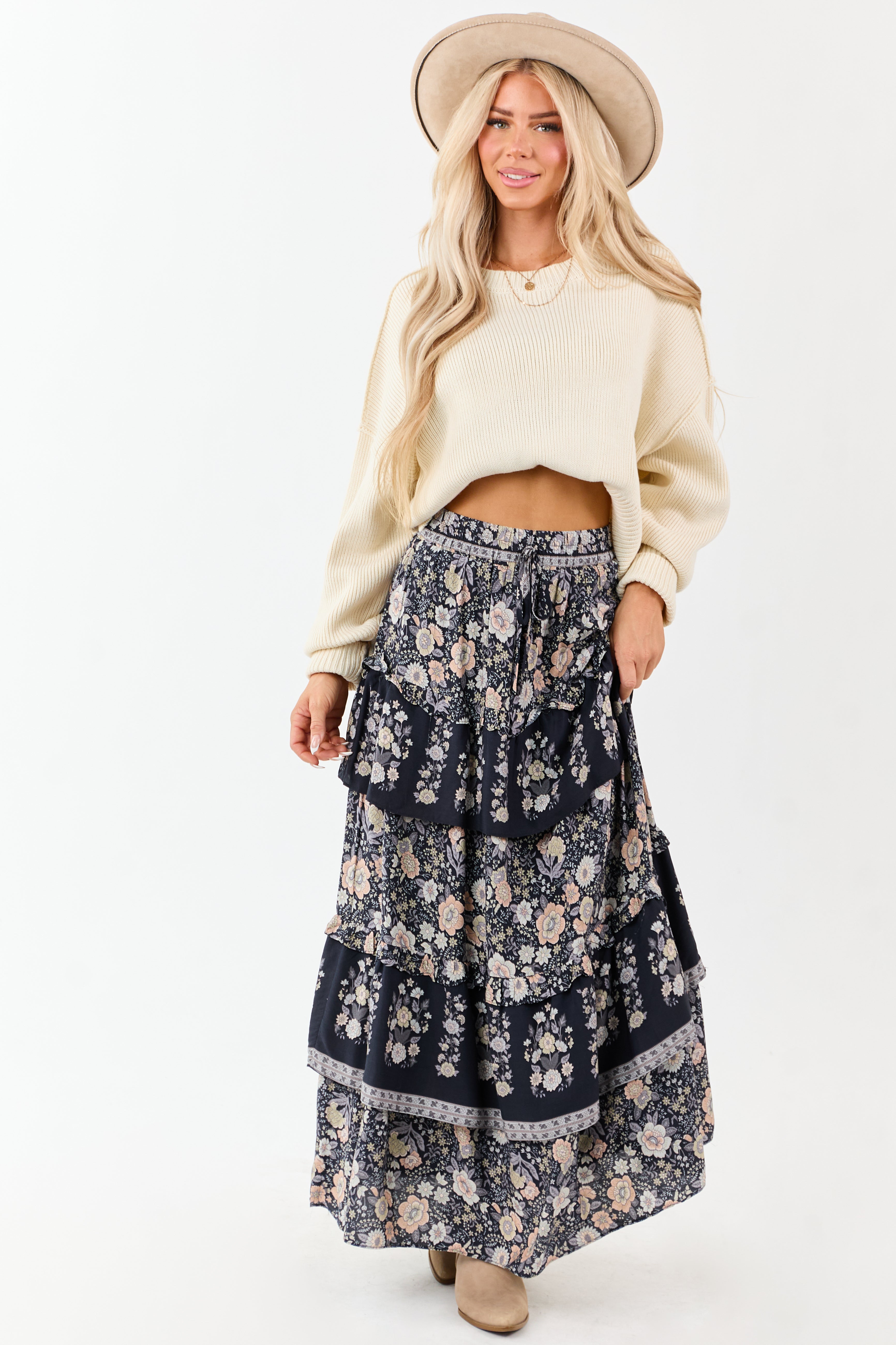Navy Floral Print Ruffle Tiered Maxi Skirt