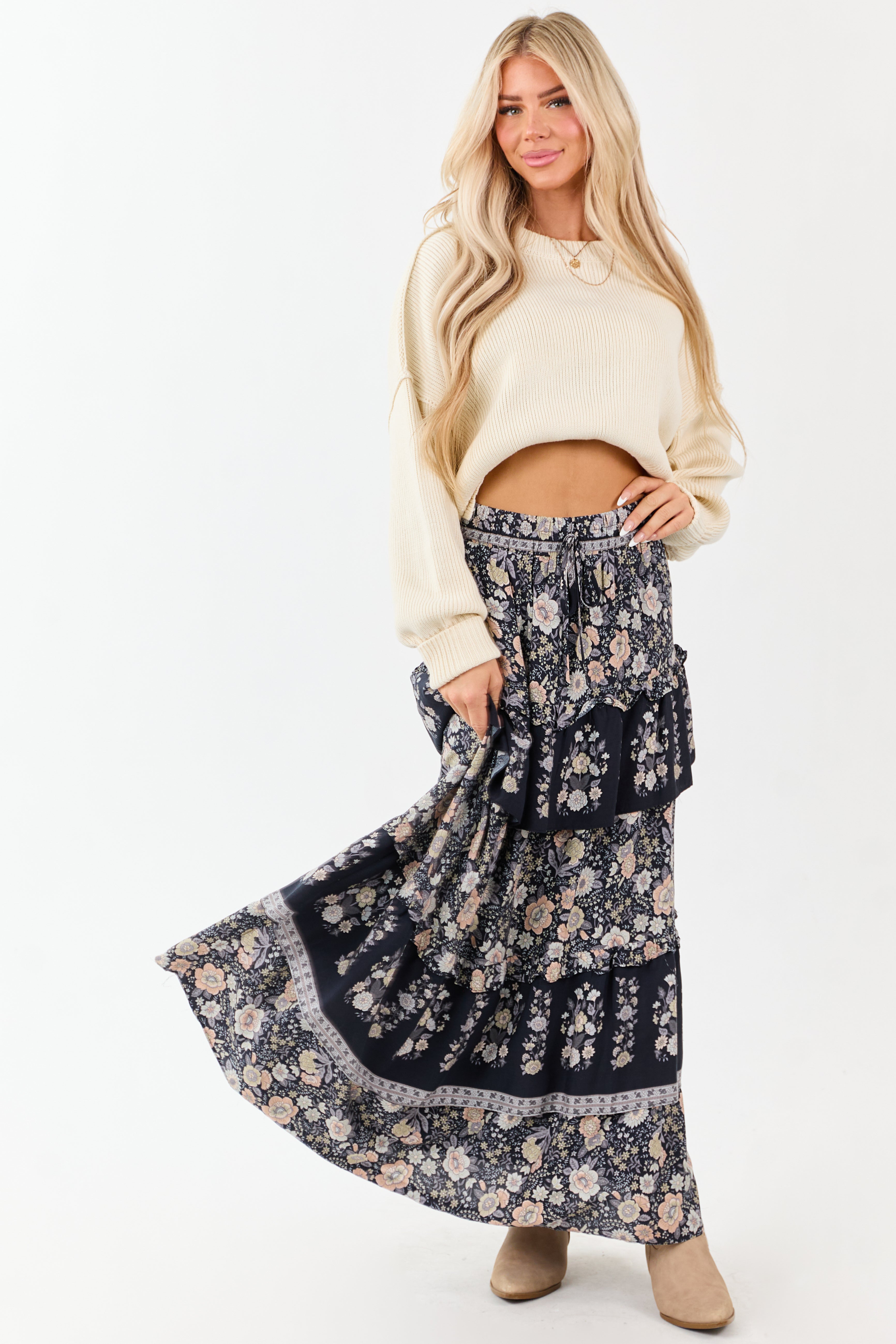Navy Floral Print Ruffle Tiered Maxi Skirt