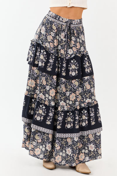 Navy Floral Print Ruffle Tiered Maxi Skirt