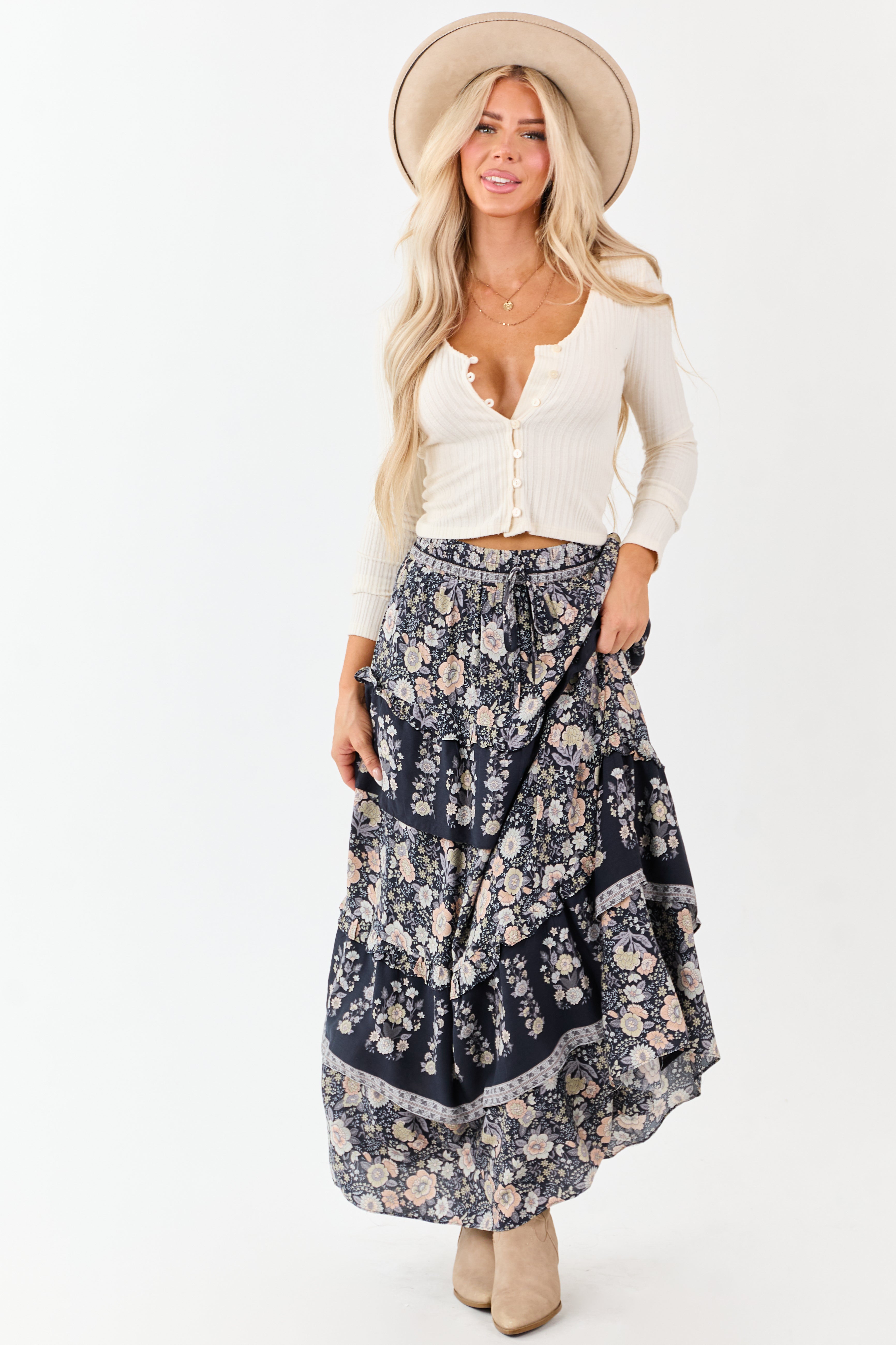 Navy Floral Print Ruffle Tiered Maxi Skirt