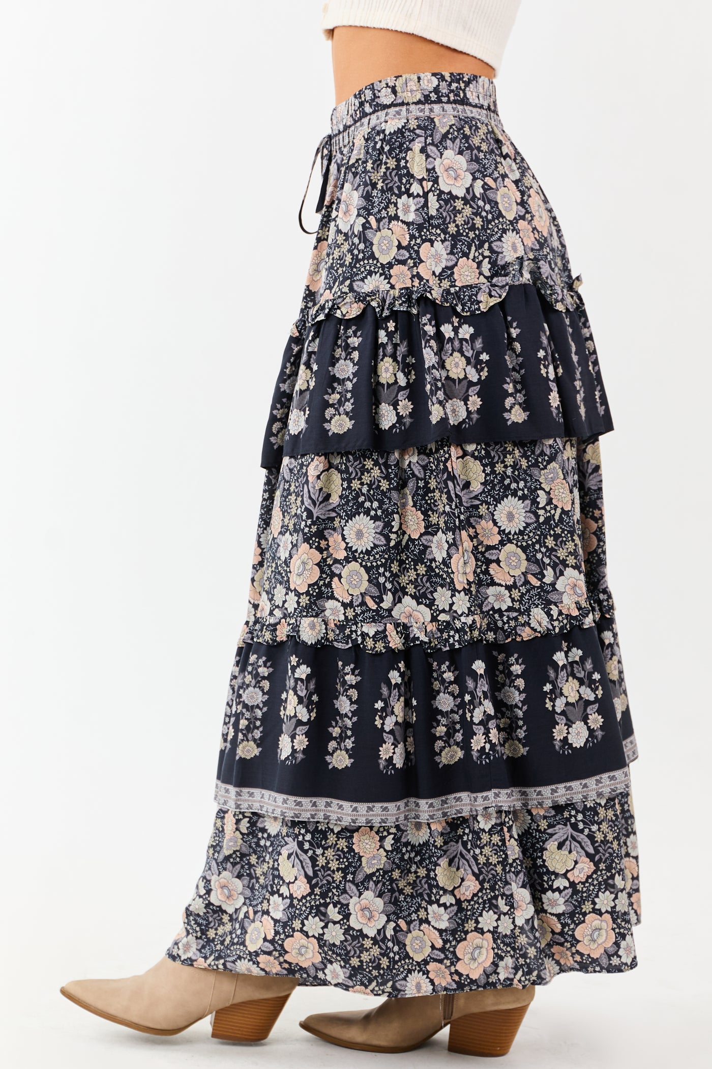 Navy Floral Print Ruffle Tiered Maxi Skirt