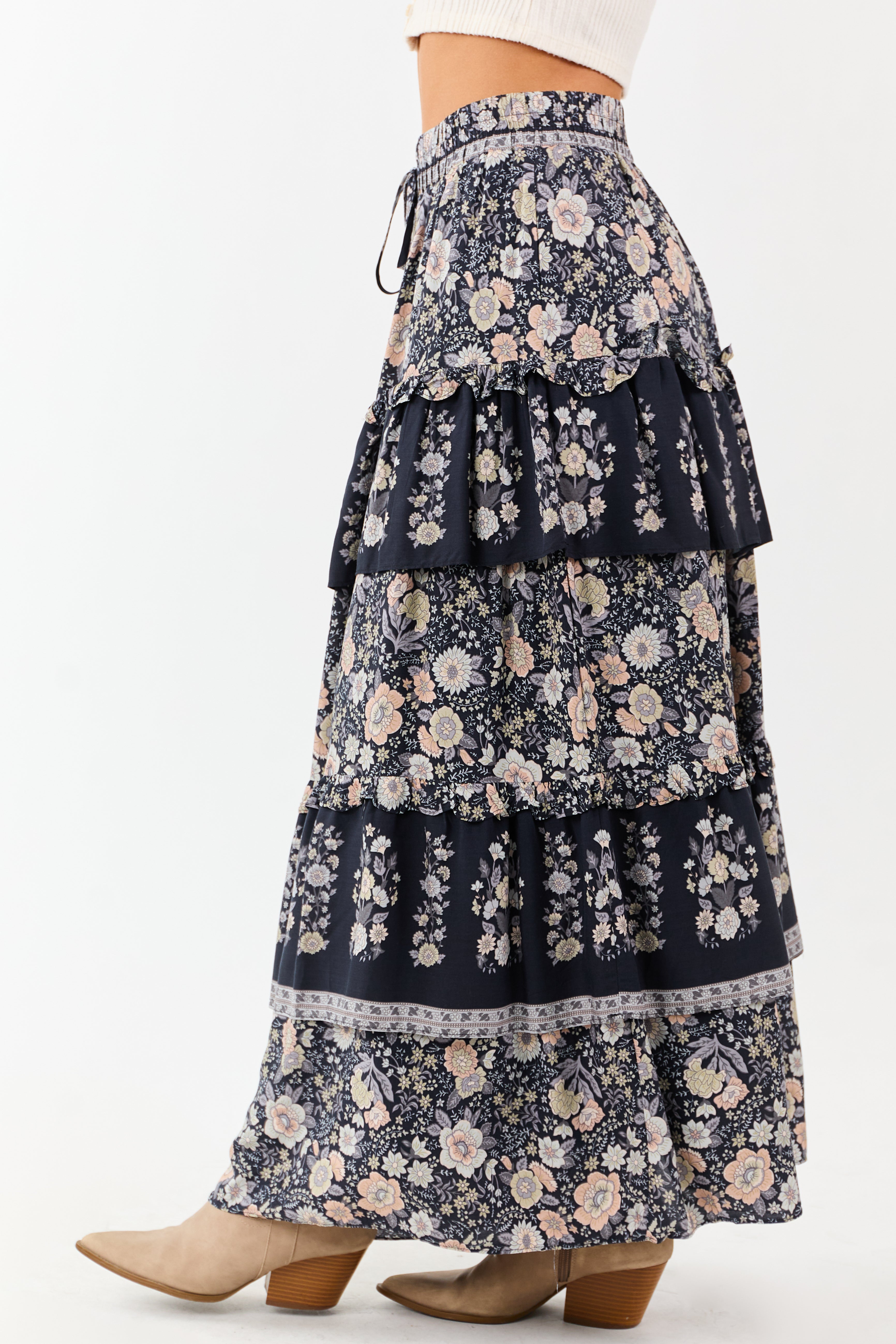 Navy Floral Print Ruffle Tiered Maxi Skirt