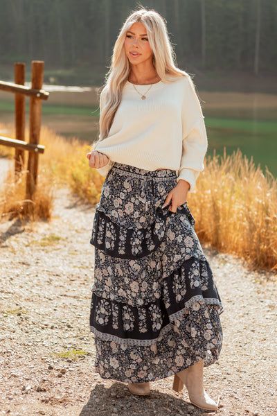 Navy Floral Print Ruffle Tiered Maxi Skirt